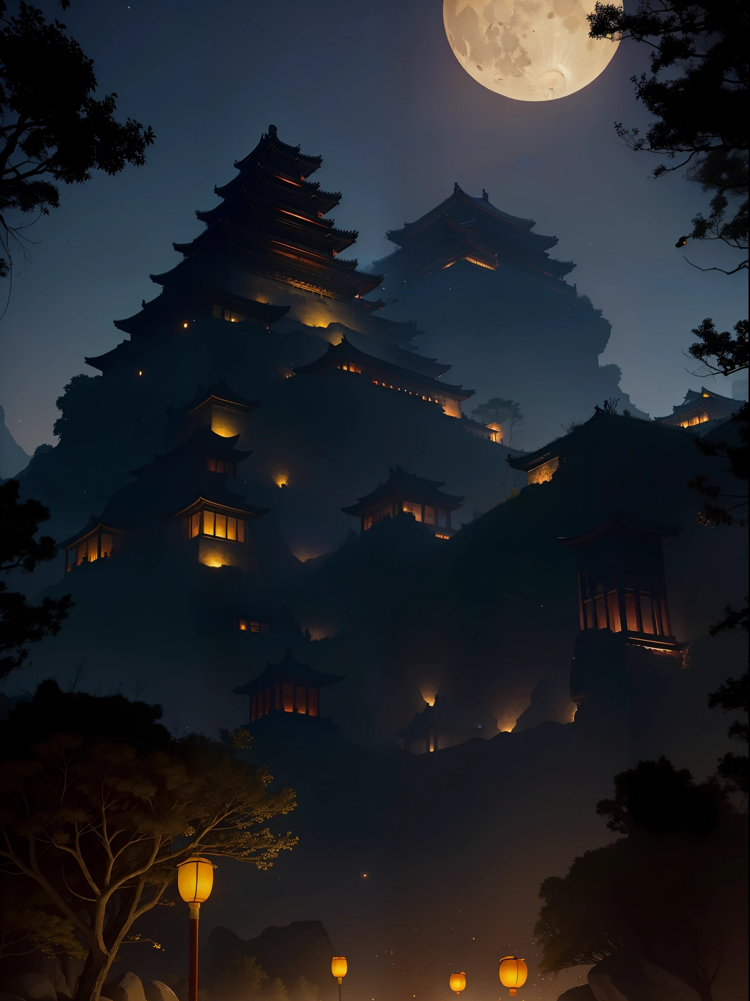 Official Art, Ancient China, Ancient Streets, (Many Fireflies), (Night), (Moon), Lights, Beautiful Landscapes, Epic Landscapes, Realistic Lights, Masterpiece, High Quality, Beautiful Graphics, High Details, Global Lighting, Unreal Engine Rendering, Octane Rendering, (HDR: 1.3) with the senary a little darker