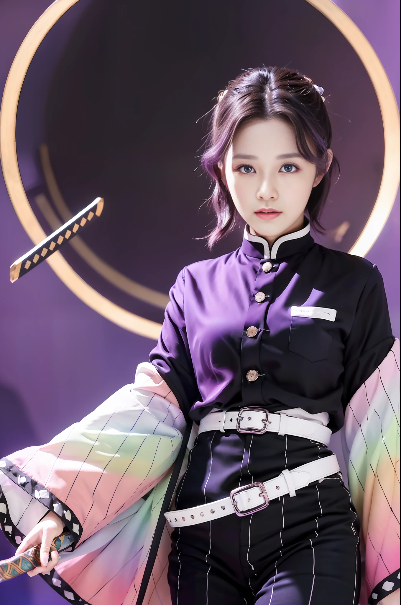 masterpiece, best quality, highres, 1girl, solo, kochou shinobu, butterfly hair ornament, purple eyes, multicolored hair, short hair, parted bangs, haori, wide sleeves, long sleeves, black pants, black jacket, belt, cowboy shot, holding weapon, sword