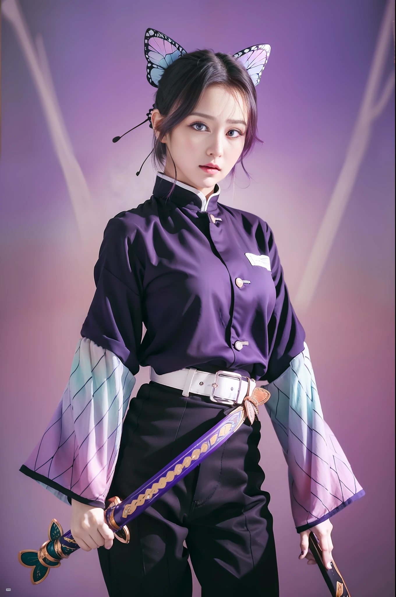 masterpiece, best quality, highres, 1girl, solo, kochou shinobu, butterfly hair ornament, purple eyes, multicolored hair, short hair, parted bangs, haori, wide sleeves, long sleeves, black pants, black jacket, belt, cowboy shot, holding weapon, sword