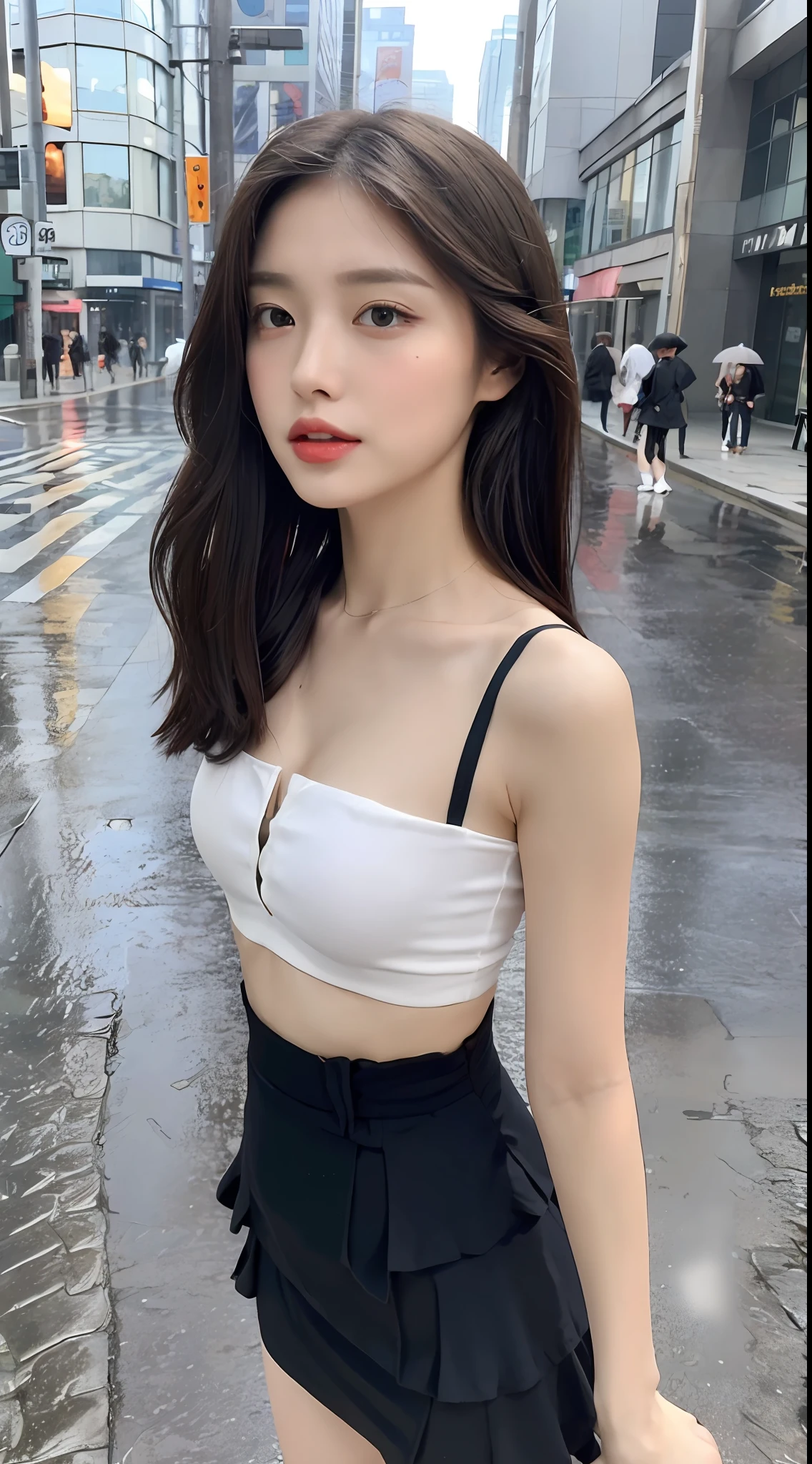 ((Best Quality, 8k, Masterpiece: 1.3)), Focus: 1.2, Perfect Body Beauty: 1.4, Buttocks: 1.2, ((Layered Haircut, Flat Chest: 1.2)), (Rain, Street:1.3), Bandeau Dress: 1.1, Highly Detailed Face and Skin Texture, Fine Eyes, Double Eyelids, Whitened Skin, Long Hair, (Shut Up: 1.3), Full Body