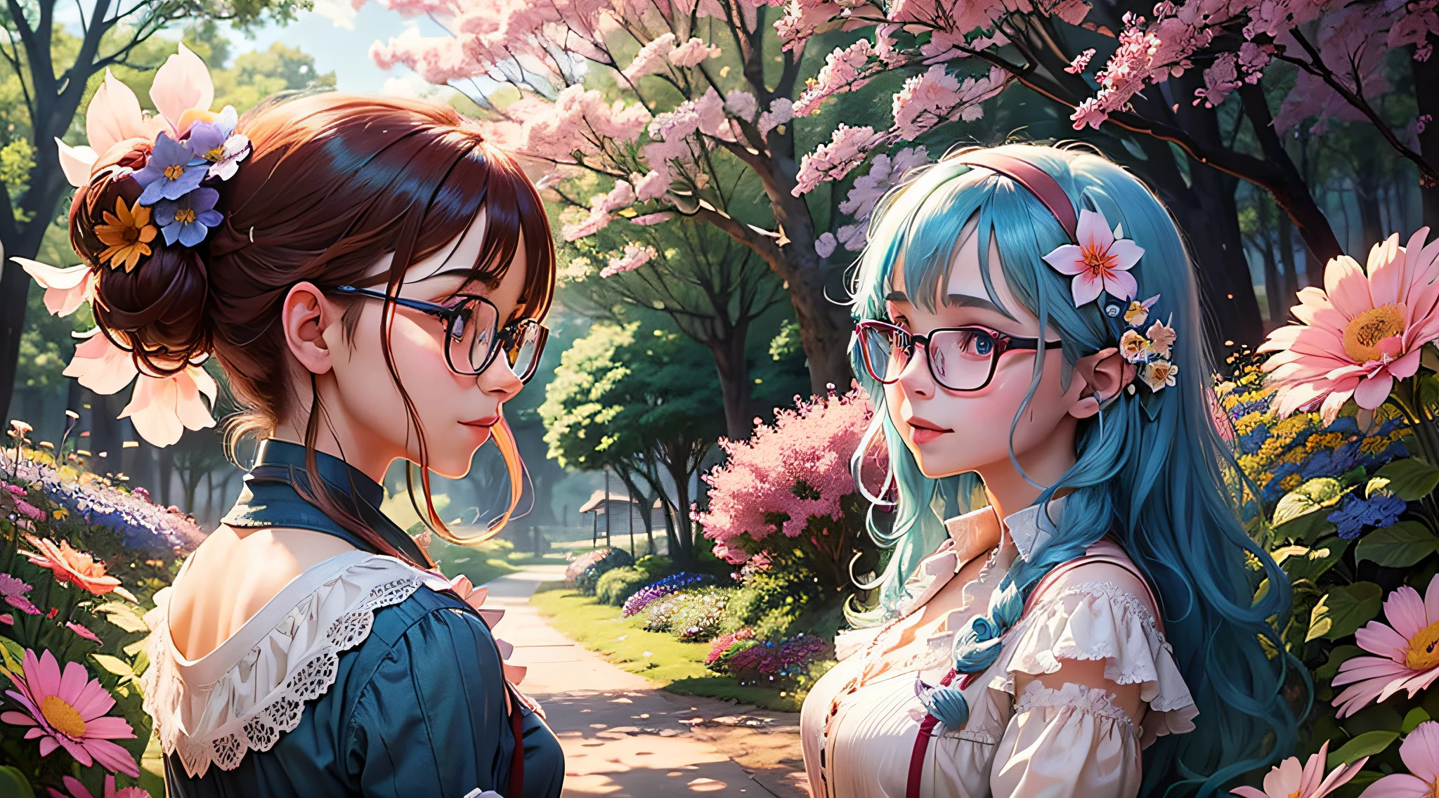 "Imagine a magical scene in which two female anime characters are in a flower garden, surrounded by a lush and stunning setting. One character has blue hair, large, expressive eyes, and wears a light pink dress, while the other has short, brown hair, glasses, and wears a school uniform. They are smiling happily as they look at the flowers around them. Use your creativity to create a high-resolution wallpaper that captures the beauty of the scene and the personality of the characters." --auto --s2