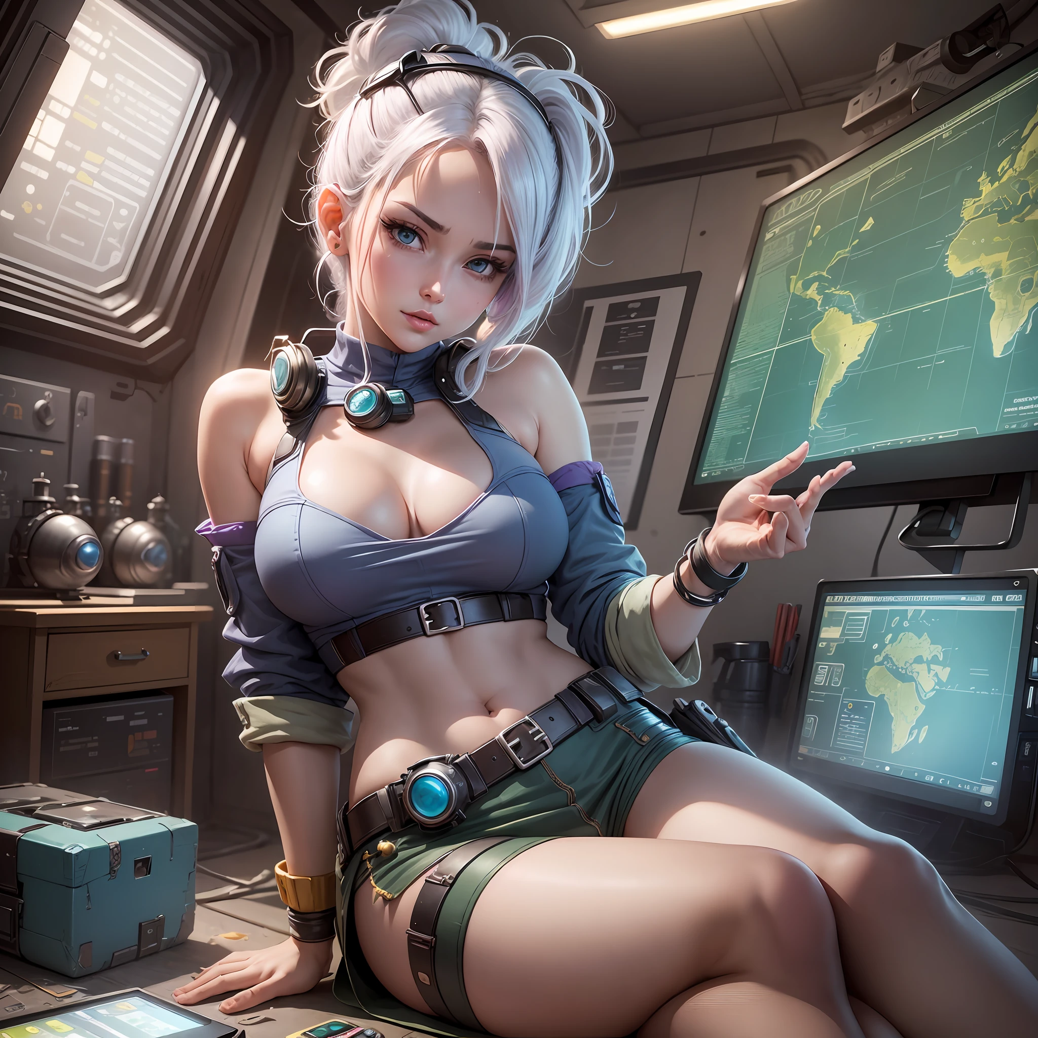 Create a scene where Bulma is interacting on a sexy, undressed, sexy and provocative footing with the technology of Capsule Corp. Draw her holding a colorful capsule, ready to be activated. You can portray her in her workshop, surrounded by numerous capsules with futuristic vehicles and devices. To add an element of adventure, you can put Bulma outdoors, on an expedition to find the Dragon Balls. Draw her in an exotic landscape, with a map in her hands and the Dragon Radar at work, as she goes in search of the mystical spheres. Don't forget to portray Bulma's curious and insightful spirit, showcasing her intelligence and scientific skills. You can add details like goggles or a tech tablet to emphasize your dedication to research and innovation. Create a scene where Bulma is interacting with the technology of Capsule Corp. Draw her holding a colored capsule, ready to be activated. You can portray her in her workshop, surrounded by numerous capsules with futuristic vehicles and devices. To add an element of adventure, you can put Bulma outdoors, on an expedition to find the Dragon Balls. Draw her in an exotic landscape, with a map in her hands and the Dragon Radar at work, as she goes in search of the mystical spheres. Don't forget to portray Bulma's curious and insightful spirit, showcasing her intelligence and scientific skills. You can add details like goggles or a tech tablet to emphasize your dedication to research and innovation. realistic, 1girl, white hair, purple eyes, bright eyes, cropped top, skirt, lips half-open, blush, night, flowers, sun, sunlight, --auto --s2