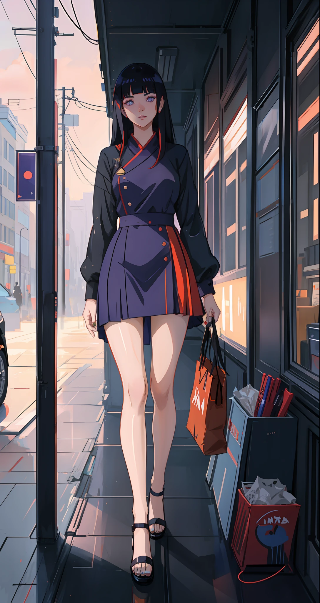 beautiful woman, seductive, ((blunt bangs)) pop star, idol, in a show, attractive, sexy eyes, red dress, dark blue hair:1, delicate, young, short hair, full body, from League of Legends, trend at Artstation, by Rhods, Andreas Rocha, Rossdraws, Makoto Shinkai, Laurie Greasley, Lois Van Baarle, Ilya Kuvshinov and Greg Rutkowski, purple eyes, (long hair:1.3)