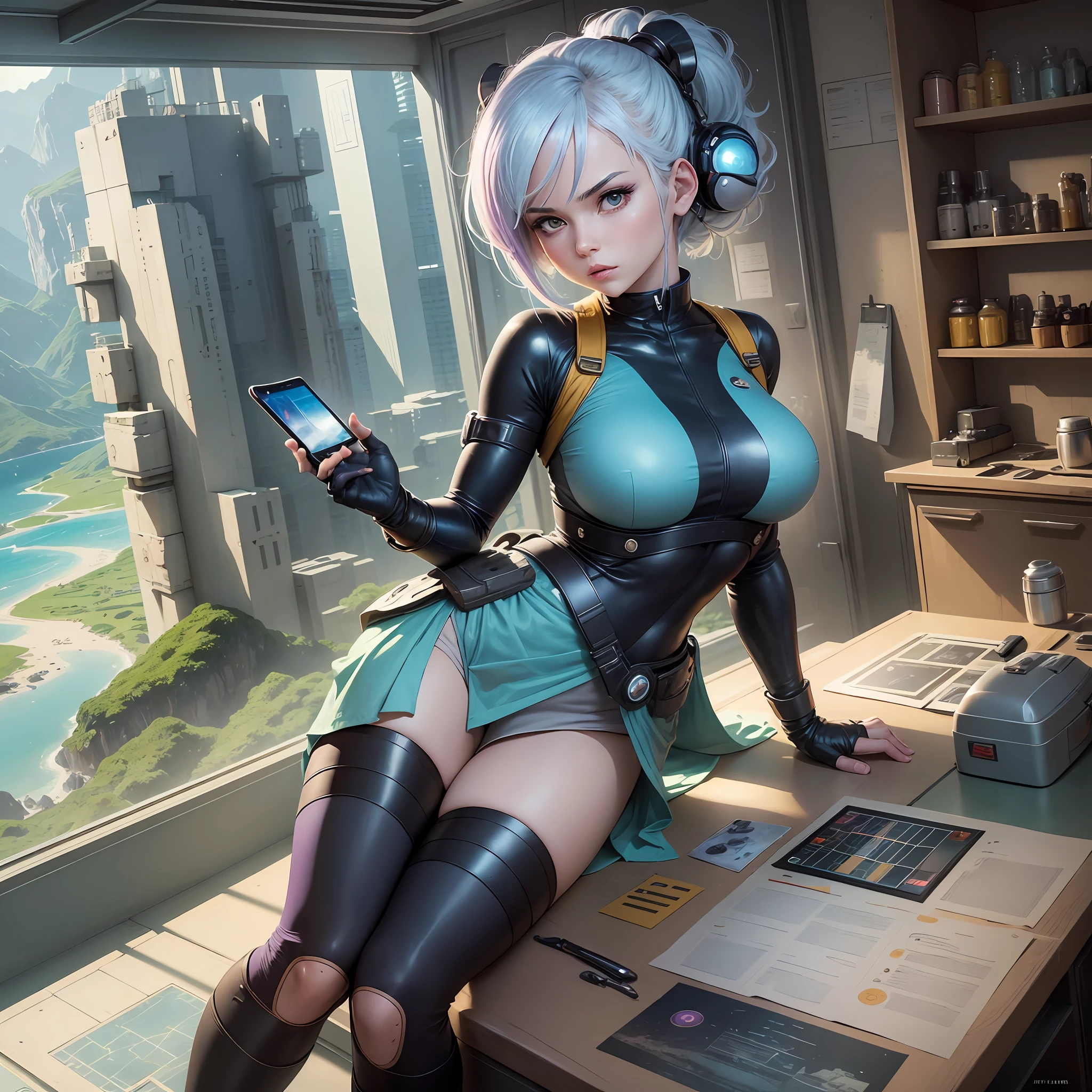 Create a scene where Bulma is interacting on a sexy, undressed, sexy and provocative footing with the technology of Capsule Corp. Draw her holding a colorful capsule, ready to be activated. You can portray her in her workshop, surrounded by numerous capsules with futuristic vehicles and devices. To add an element of adventure, you can put Bulma outdoors, on an expedition to find the Dragon Balls. Draw her in an exotic landscape, with a map in her hands and the Dragon Radar at work, as she goes in search of the mystical spheres. Don't forget to portray Bulma's curious and insightful spirit, showcasing her intelligence and scientific skills. You can add details like goggles or a tech tablet to emphasize your dedication to research and innovation. Create a scene where Bulma is interacting with the technology of Capsule Corp. Draw her holding a colored capsule, ready to be activated. You can portray her in her workshop, surrounded by numerous capsules with futuristic vehicles and devices. To add an element of adventure, you can put Bulma outdoors, on an expedition to find the Dragon Balls. Draw her in an exotic landscape, with a map in her hands and the Dragon Radar at work, as she goes in search of the mystical spheres. Don't forget to portray Bulma's curious and insightful spirit, showcasing her intelligence and scientific skills. You can add details like goggles or a tech tablet to emphasize your dedication to research and innovation. realistic, 1girl, white hair, purple eyes, bright eyes, cropped top, skirt, lips half-open, blush, night, flowers, sun, sunlight, --auto --s2