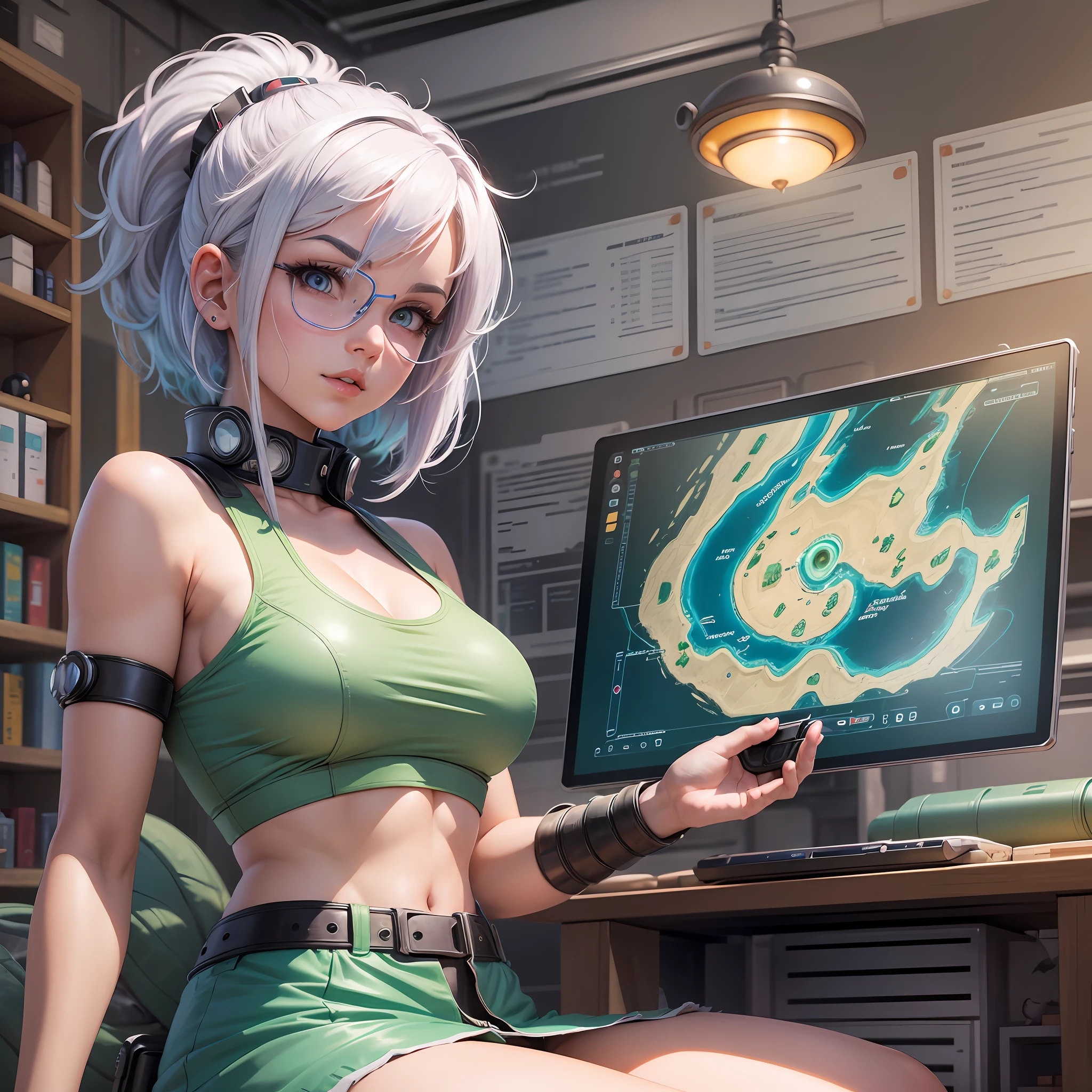 Create a scene where Bulma is interacting on a sexy, undressed, sexy and provocative footing with the technology of Capsule Corp. Draw her holding a colorful capsule, ready to be activated. You can portray her in her workshop, surrounded by numerous capsules with futuristic vehicles and devices. To add an element of adventure, you can put Bulma outdoors, on an expedition to find the Dragon Balls. Draw her in an exotic landscape, with a map in her hands and the Dragon Radar at work, as she goes in search of the mystical spheres. Don't forget to portray Bulma's curious and insightful spirit, showcasing her intelligence and scientific skills. You can add details like goggles or a tech tablet to emphasize your dedication to research and innovation. Create a scene where Bulma is interacting with the technology of Capsule Corp. Draw her holding a colored capsule, ready to be activated. You can portray her in her workshop, surrounded by numerous capsules with futuristic vehicles and devices. To add an element of adventure, you can put Bulma outdoors, on an expedition to find the Dragon Balls. Draw her in an exotic landscape, with a map in her hands and the Dragon Radar at work, as she goes in search of the mystical spheres. Don't forget to portray Bulma's curious and insightful spirit, showcasing her intelligence and scientific skills. You can add details like goggles or a tech tablet to emphasize your dedication to research and innovation.   realistic, 1girl, white hair, purple eyes, bright eyes, cropped top, skirt, lips half-open, blush, night, flowers, sun, sunlight, --auto --s2