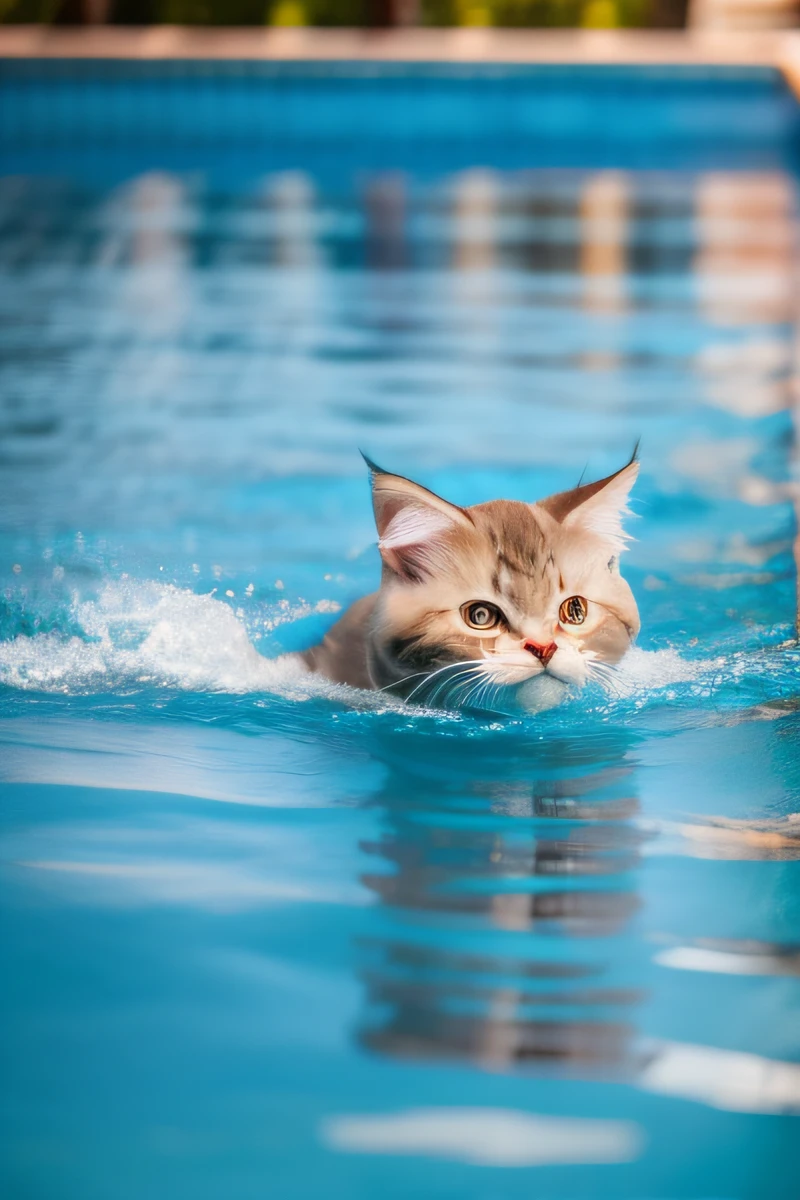 Cute Ameriican Curl cat kitten, swimming in the pool,eos r3,24mm
