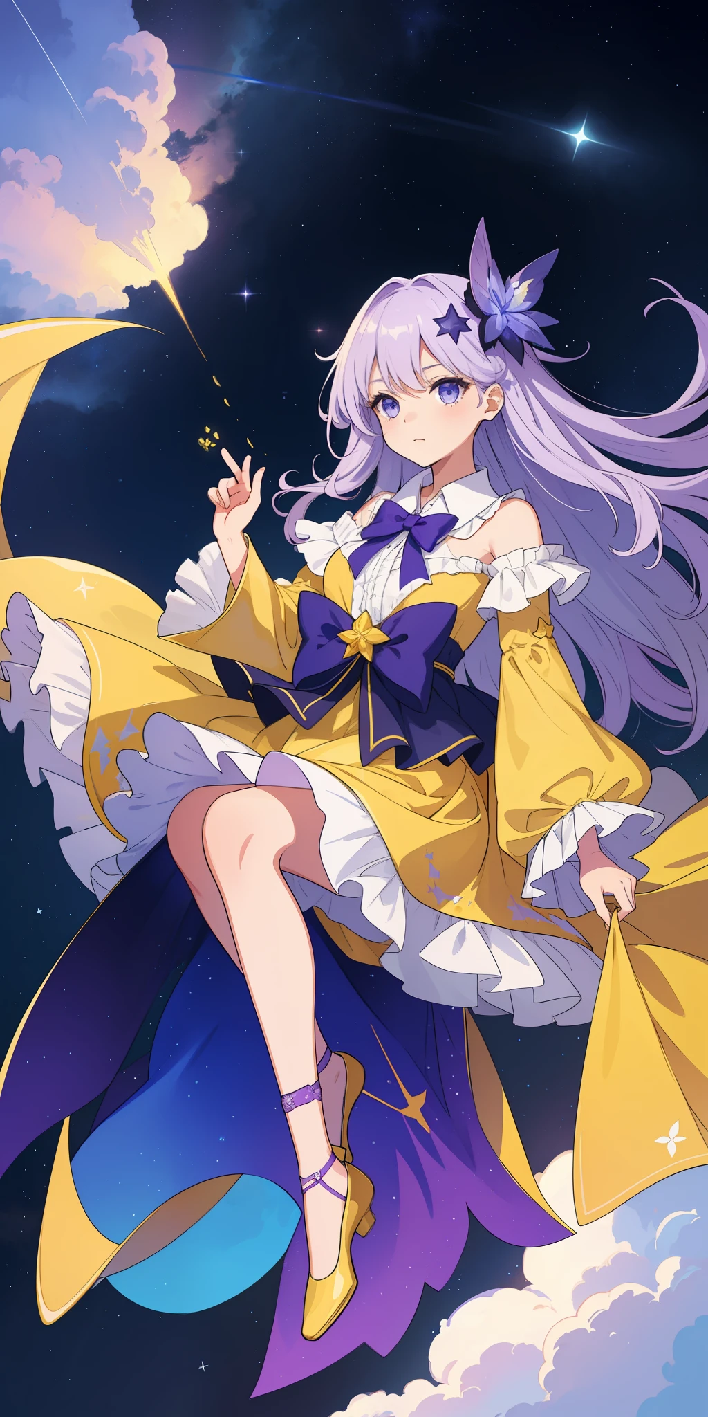 Girl wearing fluttering yellow dress, floating in clouds and stars in the beautiful night sky, with a beautiful contrast of purple and blue, gorgeous, attractive, hyper detailed