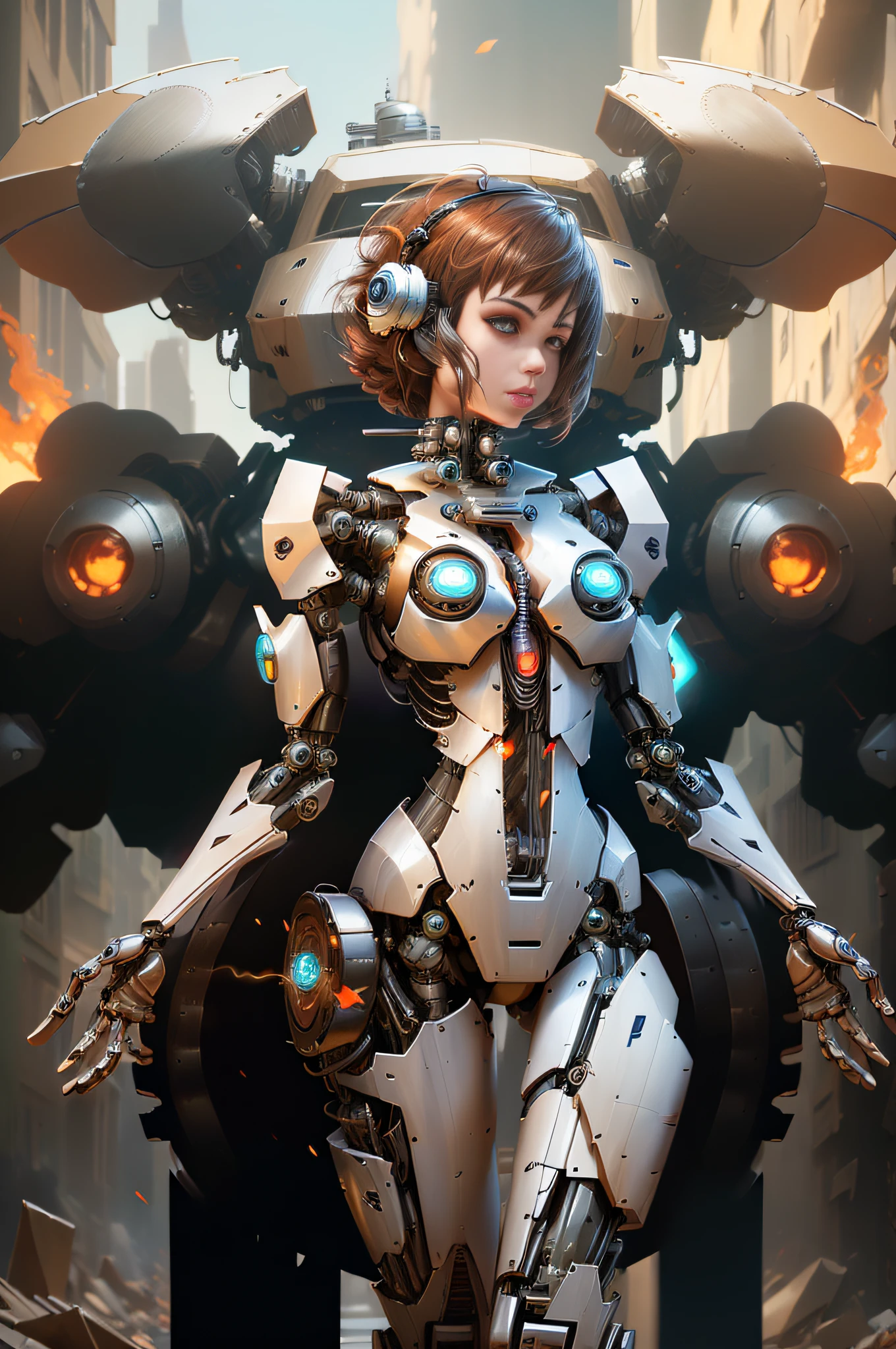 (reelmech:1.5),fighting , glowing eyes, short hair,torn tight supersuit, in a destroyed city, smoke and fire, glowing power aura, dynamic pose, dynamic view