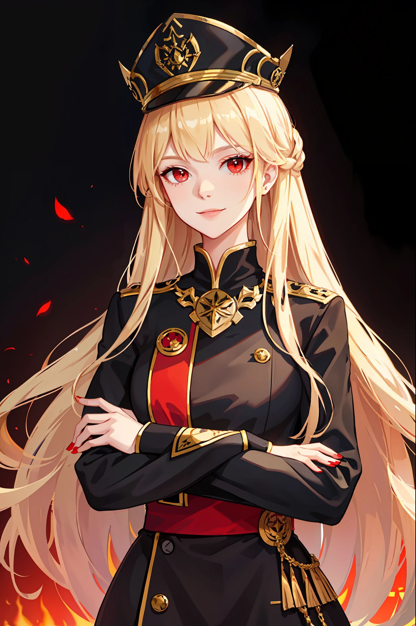Portrait of a beautiful young woman, villain, evil smile, red eyes, blond long hair, black general's uniform, empire