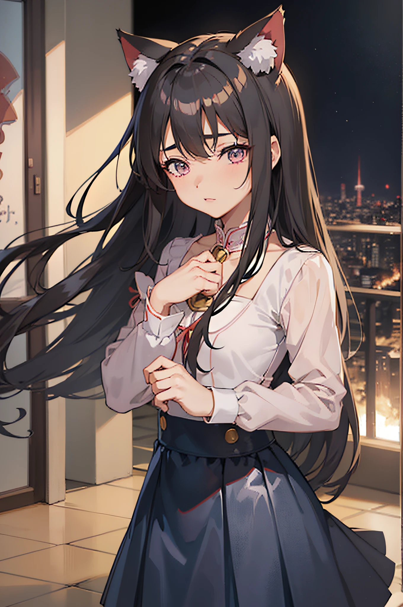 ((Best Quality, 8K)) Anime girl with long hair and cat ears standing in front of the city, Rin Tosaka, anime moe art style, anime style like Fate/stay night, anime girl with long hair, very cute anime girl face, nightcore, from the front line of girls, cute anime girl portrait, anime girl with cat ears, High quality anime art style, "beautiful anime woman"