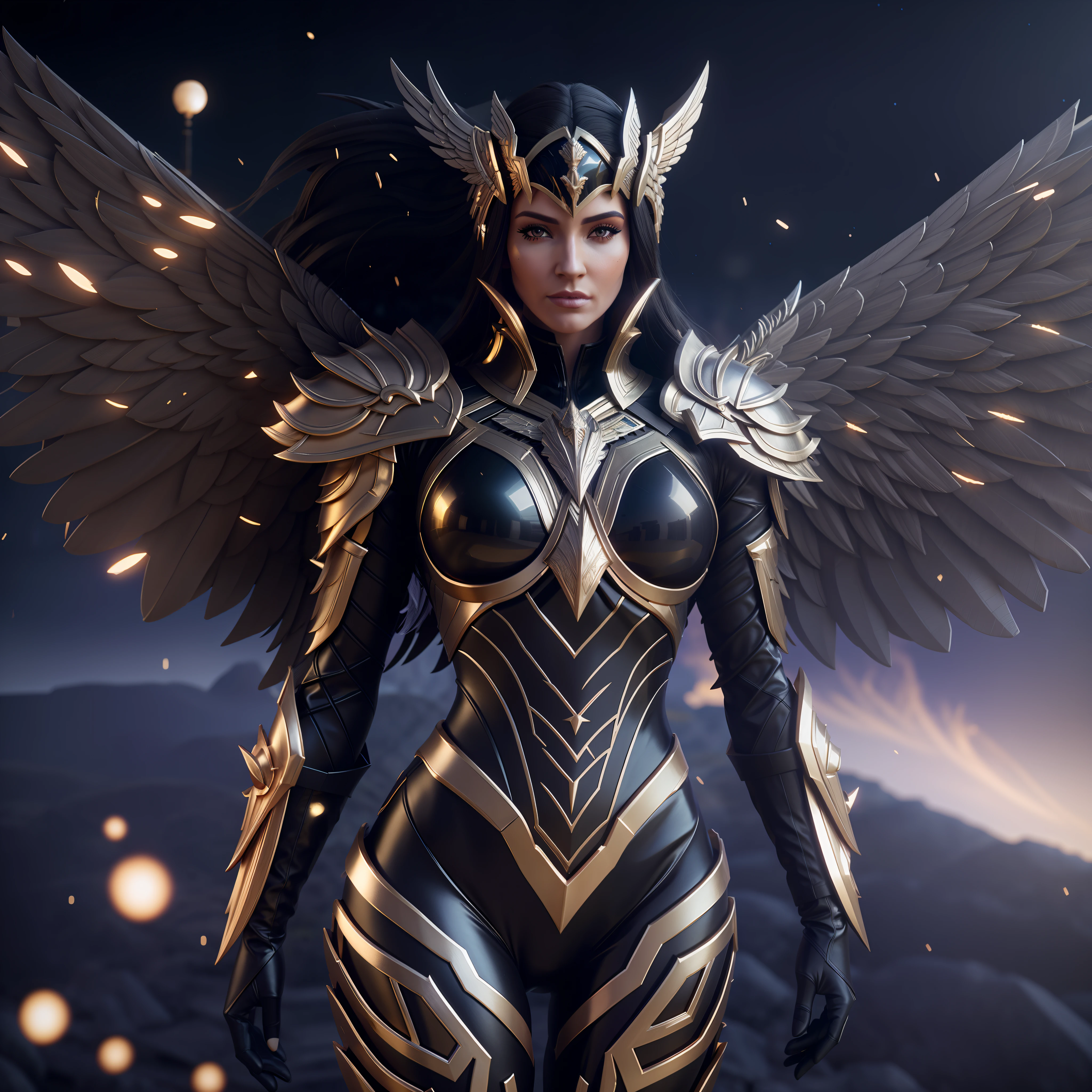 there is a woman in a black and gold costume with wings, as a mystical valkyrie, unreal engine render + a goddess, stuning fantasy 3 d render, mystical atlantean valkyrie, 3 d render character art 8 k, artgerm julie bell beeple, angel in plastic armor, hyperdetailed fantasy character, unreal engine render saint seiya, mystical valkyrie