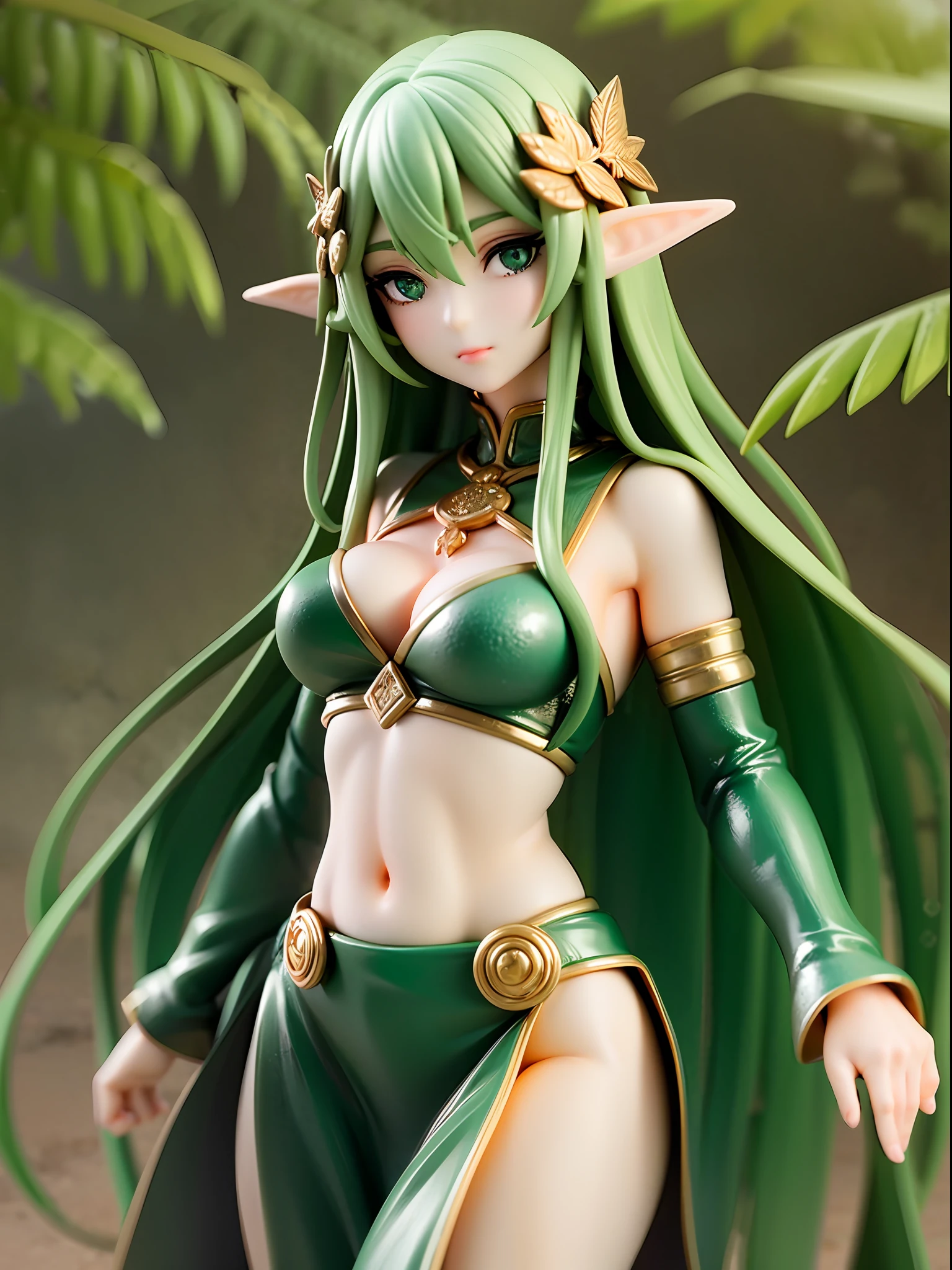 Emerald green, bronze, elf girl, mystical and serene face, beautiful green eyes, closed mouth, wearing nature made tribal attire, leaf and vine woven top, long cloth skirt, golden long straight hair, standing, gently touching leaf with hand, deep forest,