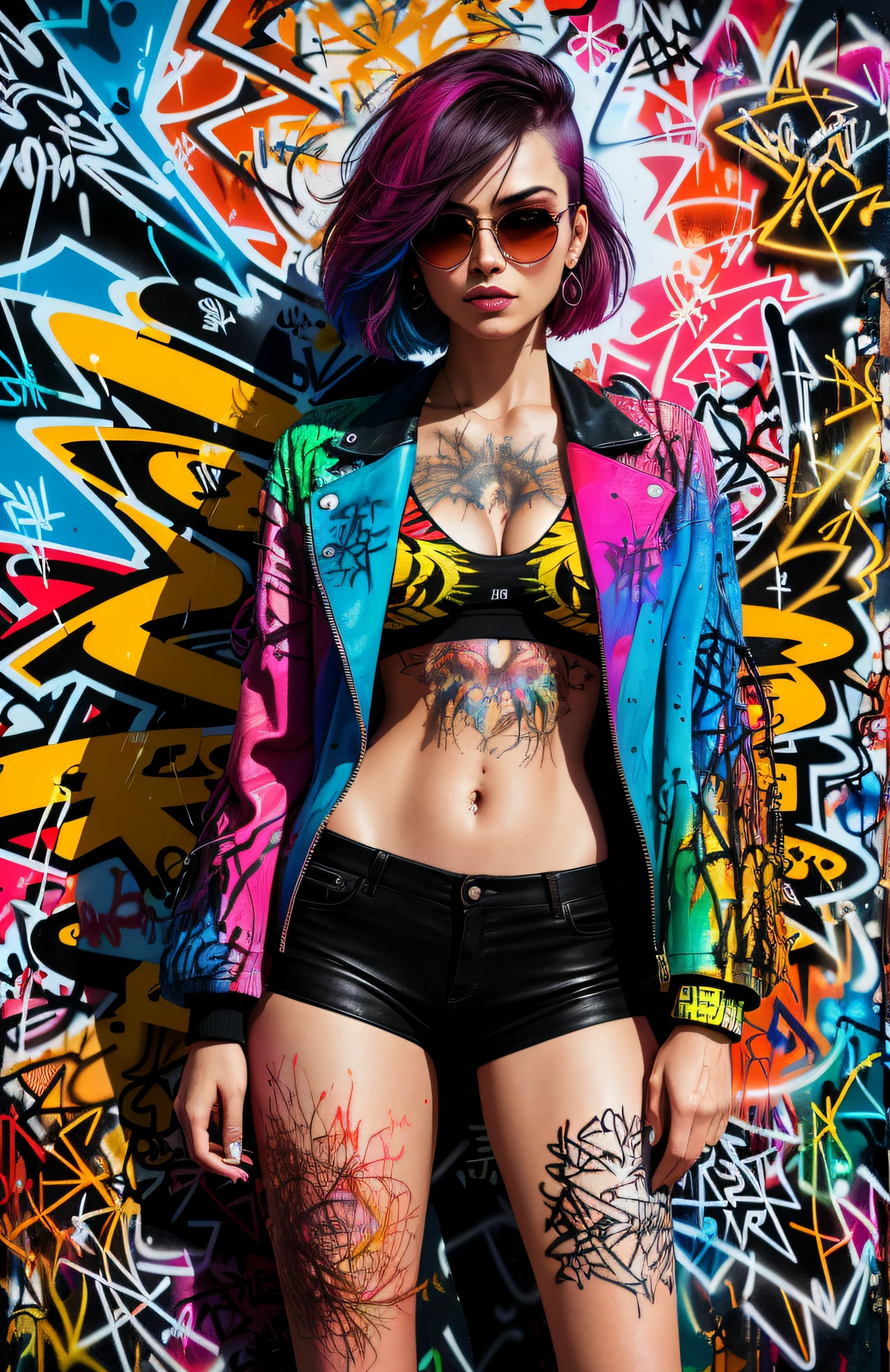 close up, colorful painting of cyberpunk girl standing, sunglasses, high heeled shoes, perfect hourglass figure, perfect huge tits, (((Graffiti art) (by Carne Griffiths)))), red wall background, insane details, intricate details, hyperdetailed, low contrast, soft cinematic light, dark colors, exposure mix, hdr, front, (neon light: 1.4), upper body, detailed skin, detailed eyes, realistic eyes, 20 megapixel, canon eos r3, detailed skin, detailed face, (TungstenDispo:1.2), raw photo, portrait of a businesswoman, (style of Flora Borsi), bright and bold colors, Mohawk blue haircut, ((Flora Borsi)), dslr, dramatic lighting, high quality, film grain, Fujifilm XT3, (strong backlight: 1.1), style (liminal space), by Syd Mead, by Andr Kertsz, by Tadao Ando