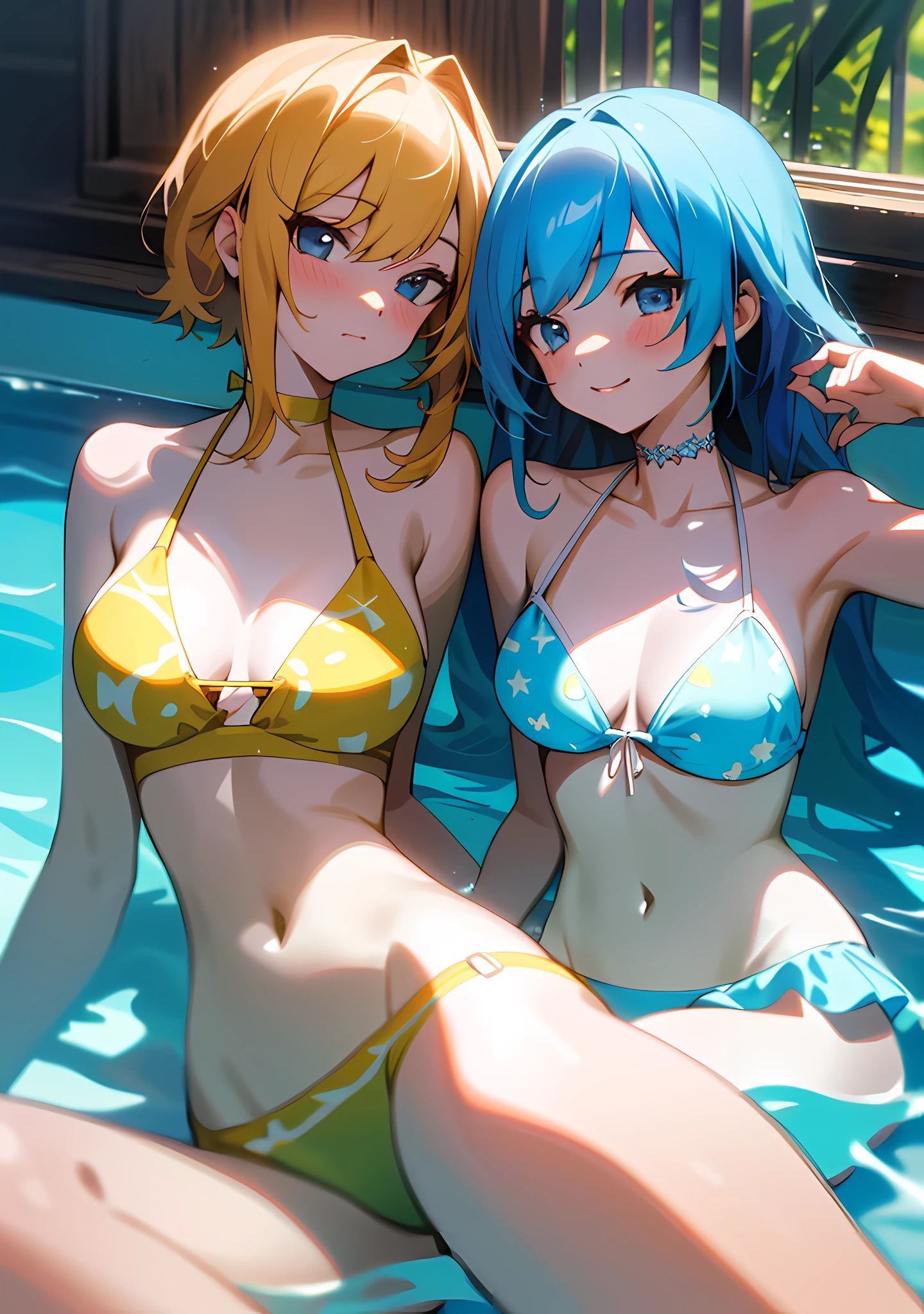 "Gorgeous and high-quality, a masterpiece that features two charming girls in their bikinis laying down. One girl seems shy while the other is showing off her chest and panties, creating a seductive atmosphere." medium breasts