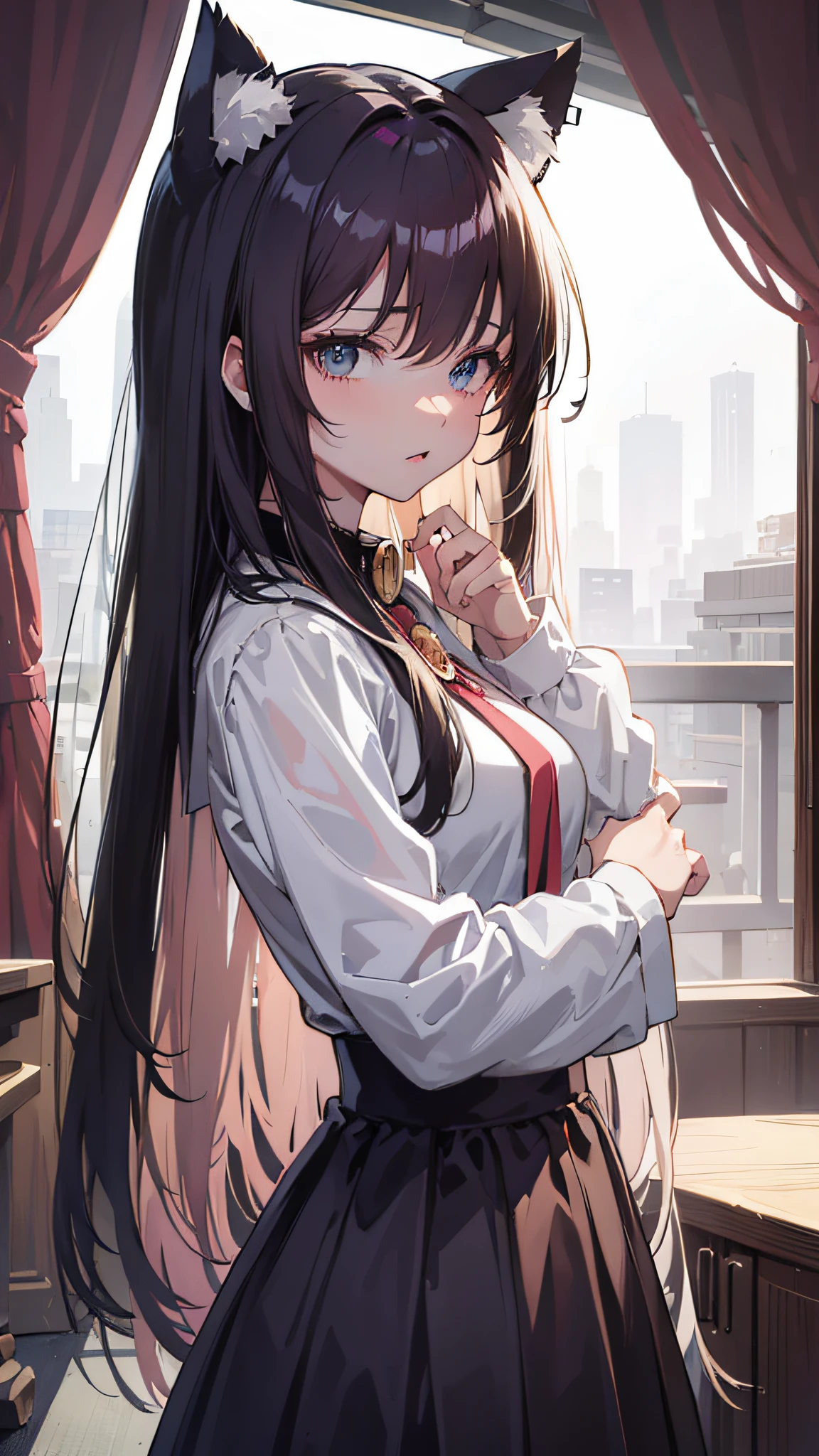 ((Best Quality, 8K)) Anime Girl with Long Hair and Cat Ears, Rin Tosaka, Anime Moe Art Style, Anime Style Like Fate/stay night, Long Hair Anime Girl, Very Cute Anime Girl Face, Nightcore, From Girl Frontline, Cute Anime Girl Portrait, Anime Girl with Cat Ears, High Quality Anime Art Style, Beautiful anime woman"