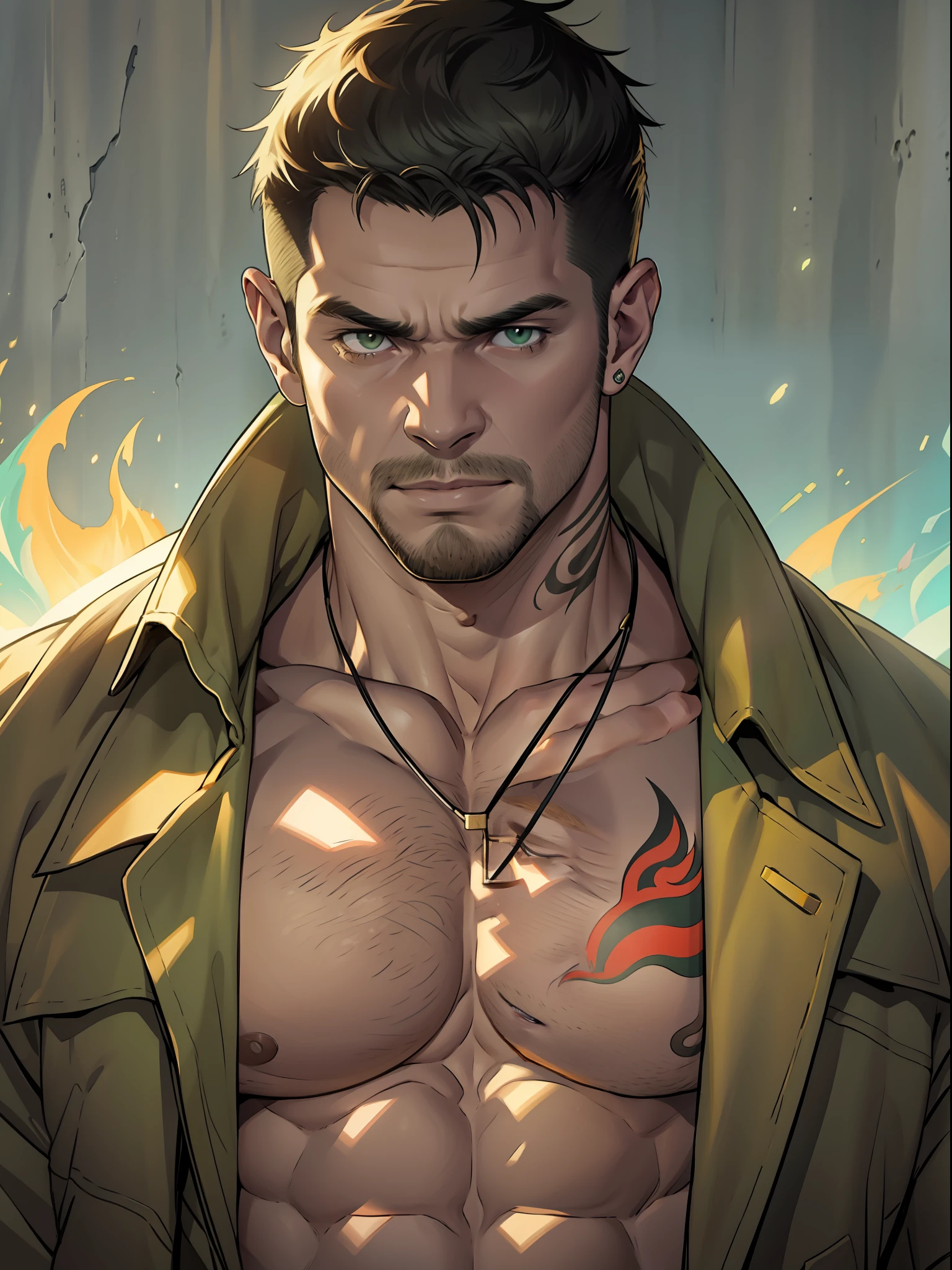 1 man, solo, bad boy, close up shot, a man making green fire out of his hand, white skin, shirtless, open chest, lots of black chest tattoo, stubble facial hair, muscular, hunk, short cut hair, black hair, smirks, turn head pose, hadesstyle, green fire, mythical fire, fantasy world, best quality:1.2, masterpiece, high resolution:1.2, big light yellow trench coat, gold necklace, high camera angle, shadow, volumetric lighting