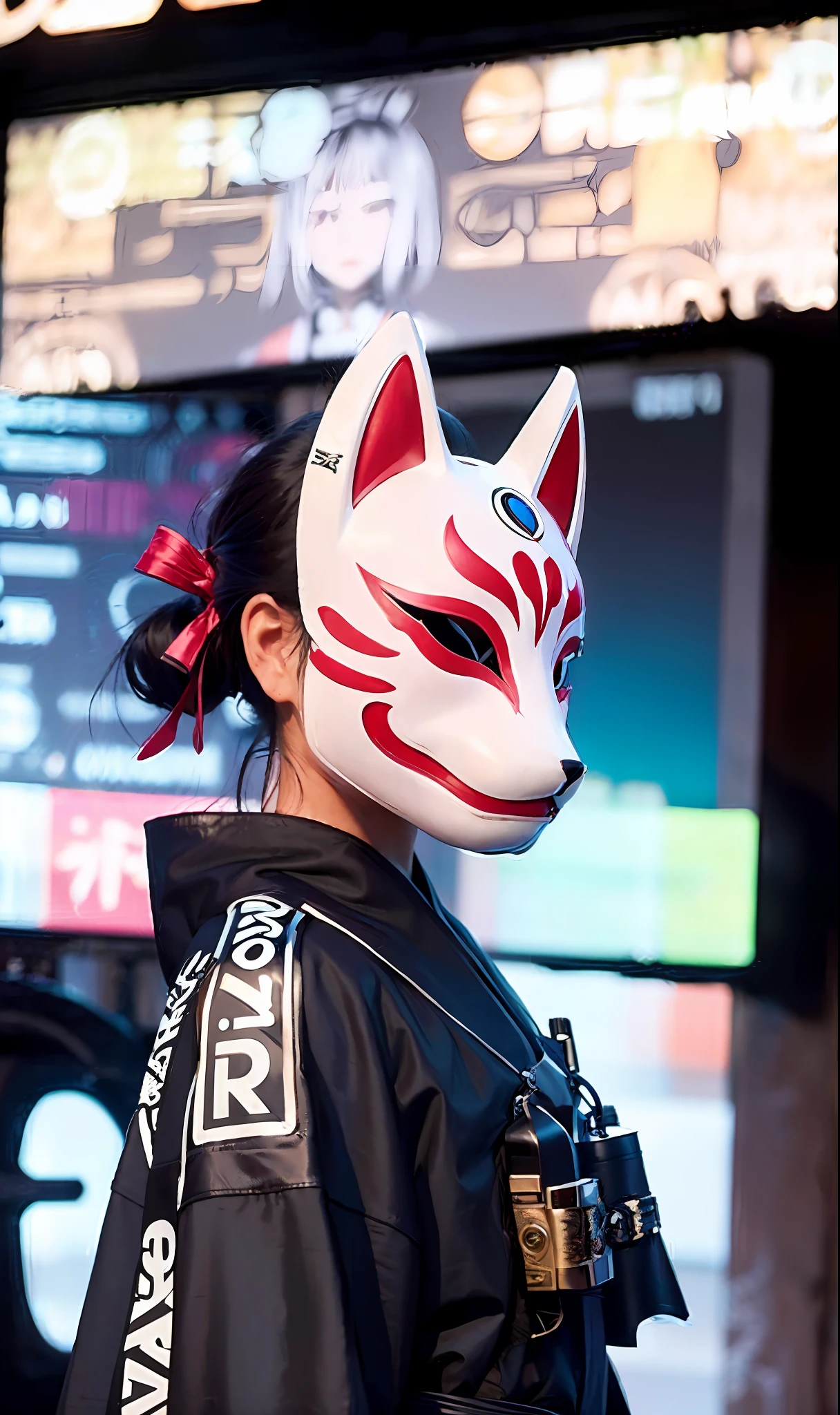 fox mask a person wearing a fox mask on the face, a woman, a white fox face, a jet black long coat, shorts, hair fluttering,