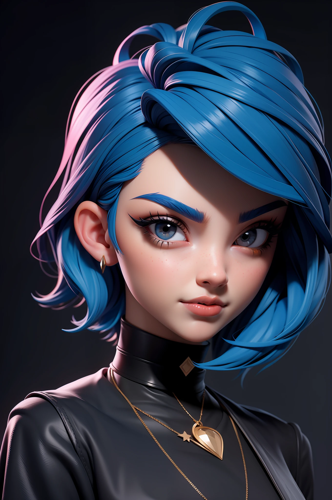 masterpiece, best quality,3d rending work ,3DMM style,close-up,portrait, 3D,1 boy, solo, multicolored hair, orange hair, black hair, two-tone hair, looking to the side, realistic, upper body, bokeh background, bangs, looking away, short hair, blue gray eyes, gothic, choker, makeup, mole, black shirt, shirt