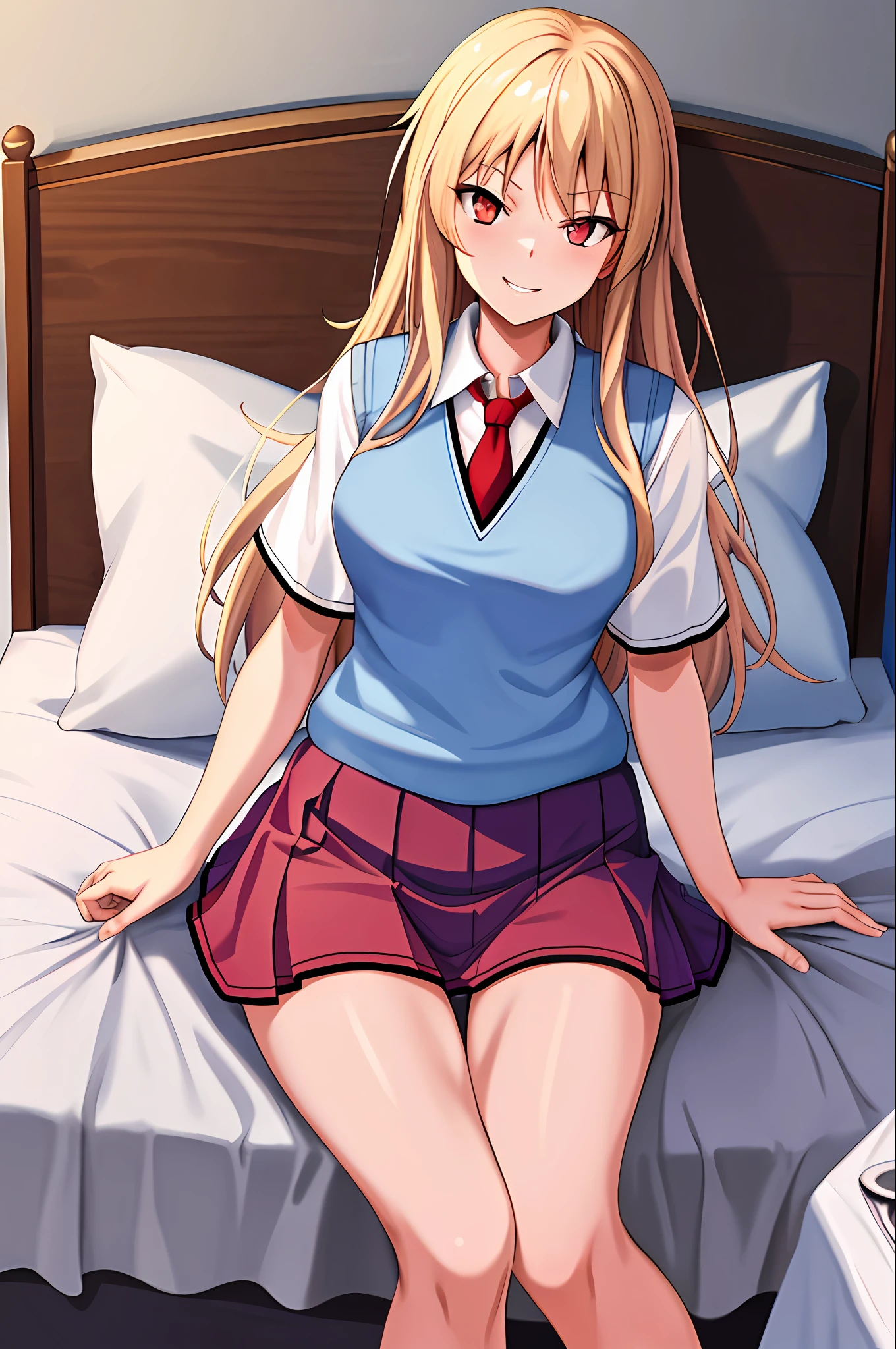 masterpiece, best quality, highres, mashi1, solo, school uniform, red tie, pleated skirt, shirt, white socks, short sleeves, sweater vest, breasts, cowboy shot, smirk, flushed, sitting on knees, in bed