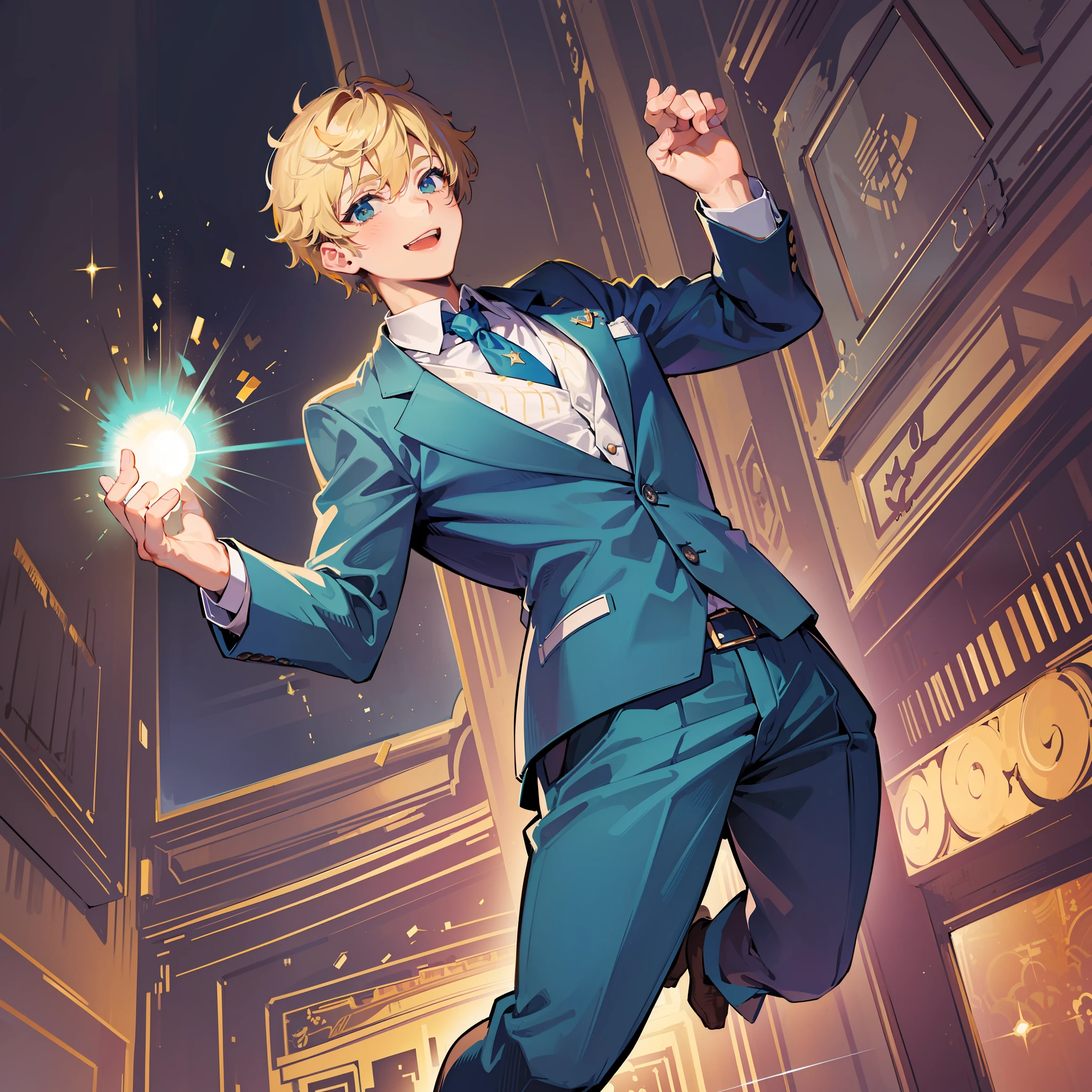 (Masterpiece, powerful, very cute, sonriente man in suit, holding hands and ethical pump high, celebrating, celebrating, light-illuminated expression, jumping movement, background wrapped in fantastic light)
