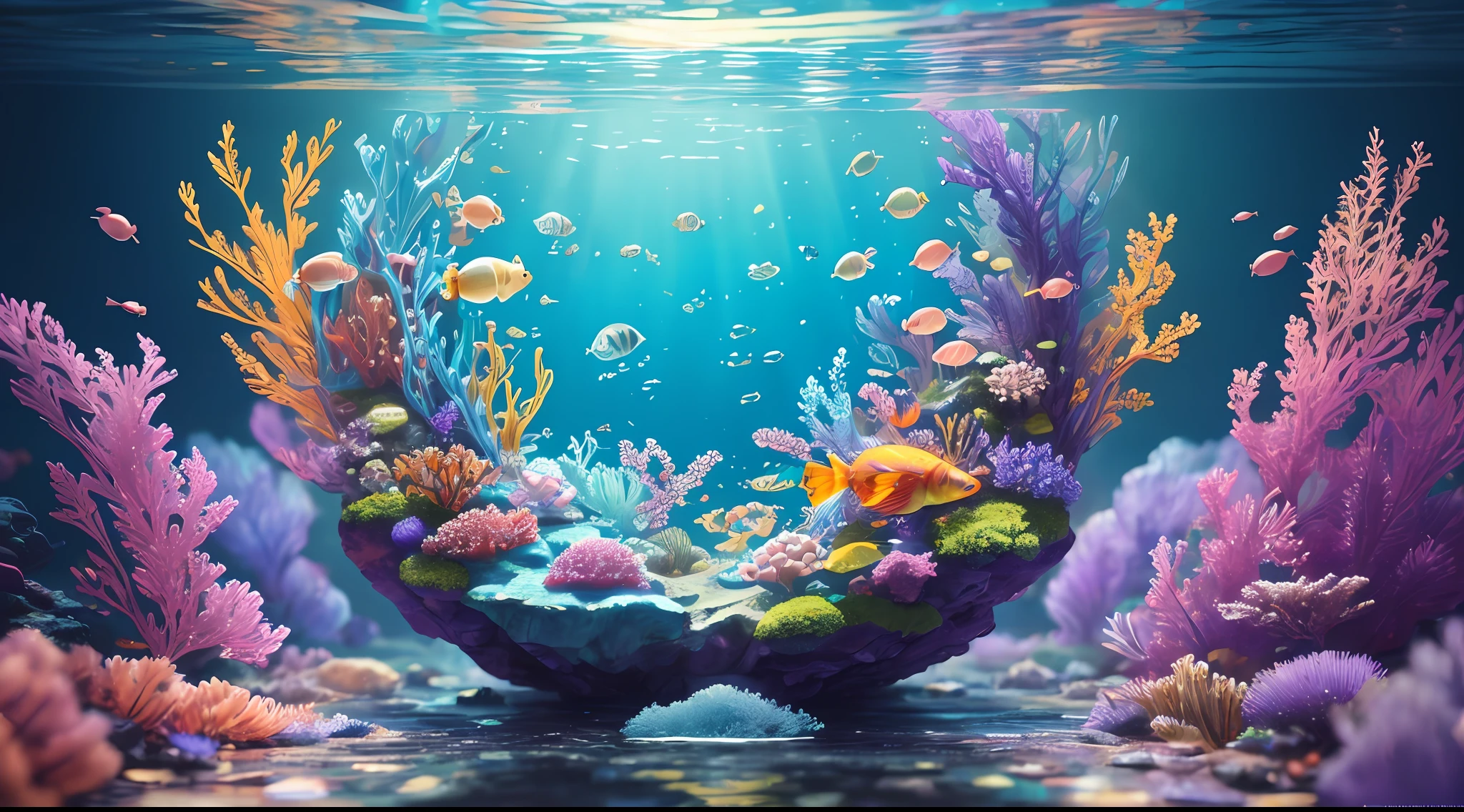 ((perspective)) microscopic world, vista, underwater fantasy,((masterpiece)), best quality, high quality, ((extremely detailed CG unity 8k wallpaper)),(fantasy), complex background, underwater fantasy world, fish school, Glowing jellyfish, colorful, (abyss)), staggered stone platforms in the abyss, glowing undersea plants, 3D digital painting, award winning photography, bokeh, depth of field, HDR, chromatic aberration, photorealistic, extremely detailed, artstation Trends on CGsociety, Intricate, High Detail, dramatic, art by midjourney, --v 6