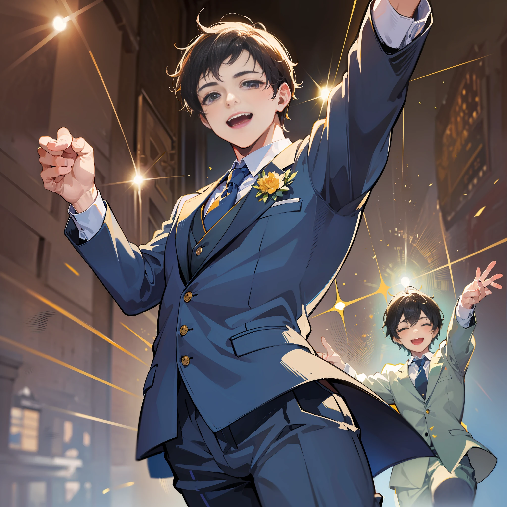 (Masterpiece, powerful, very cute, sonriente man in suit, holding hands and ethical pump high, celebrating, celebrating, light-illuminated expression, jumping movement, background wrapped in fantastic light)