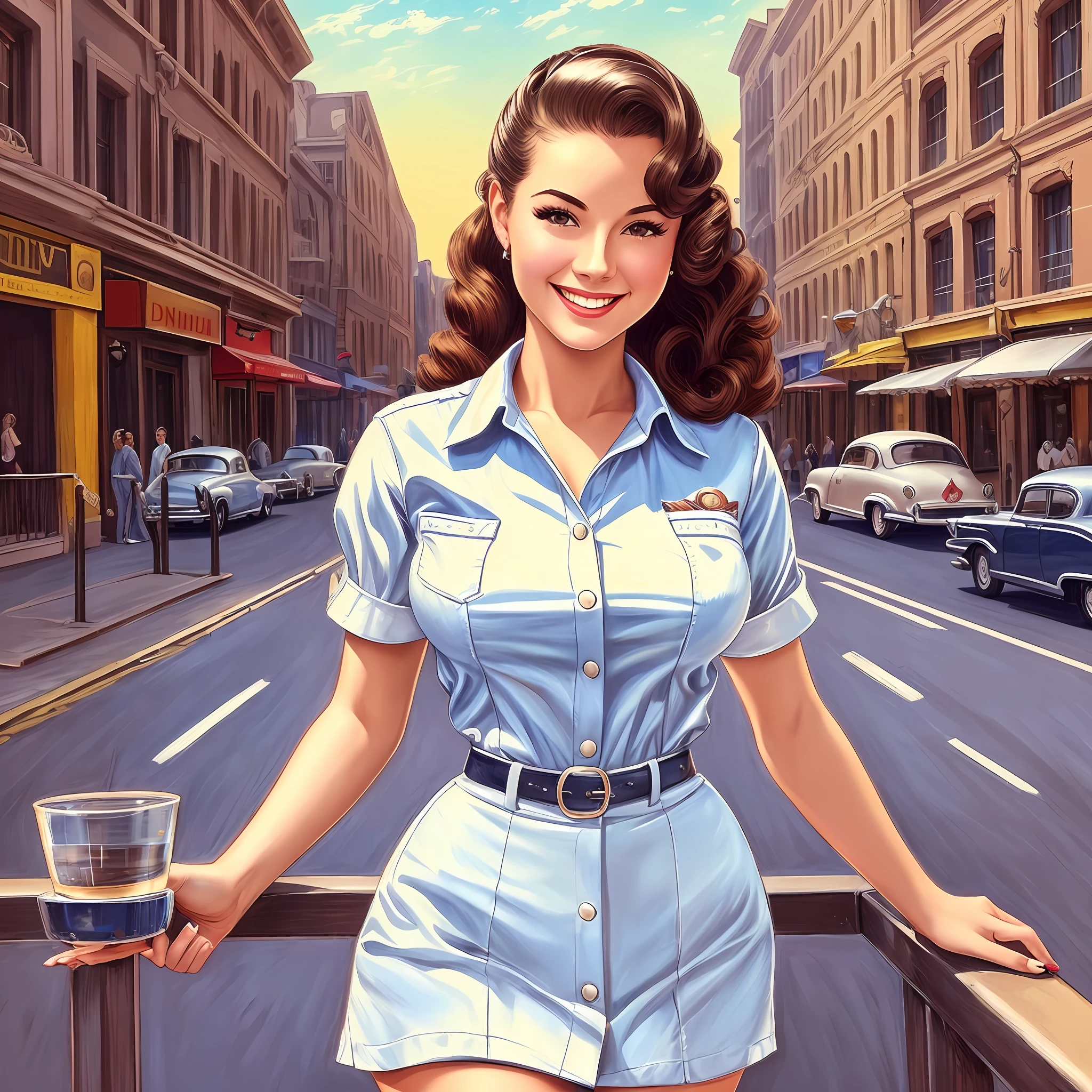 Uhd, realistic, masterpiece, young woman, waitress, pinup, 50s, slim, smiling, perfect body, whole body, detailed clothes --auto --s2