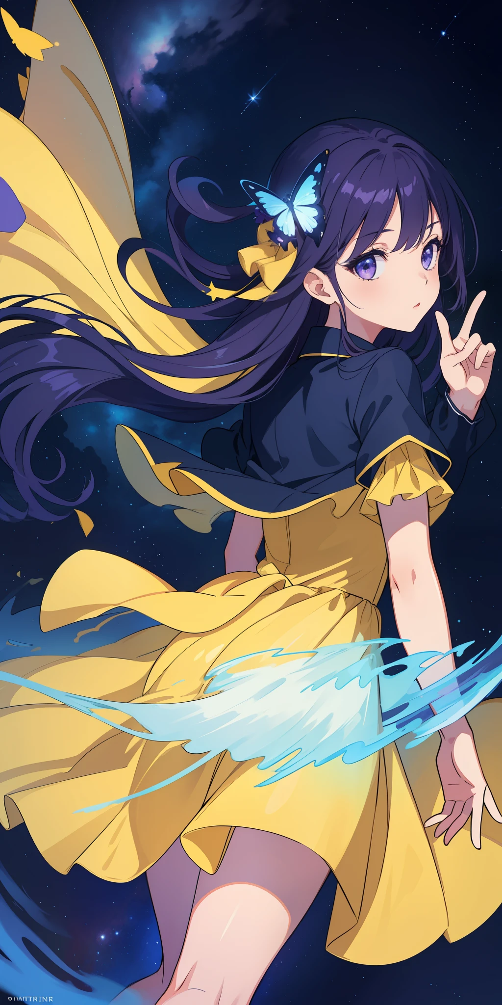 Girl wearing fluttering yellow dress, floating in clouds and stars in the beautiful night sky, with a beautiful contrast of purple and blue, gorgeous, attractive, hyper detailed