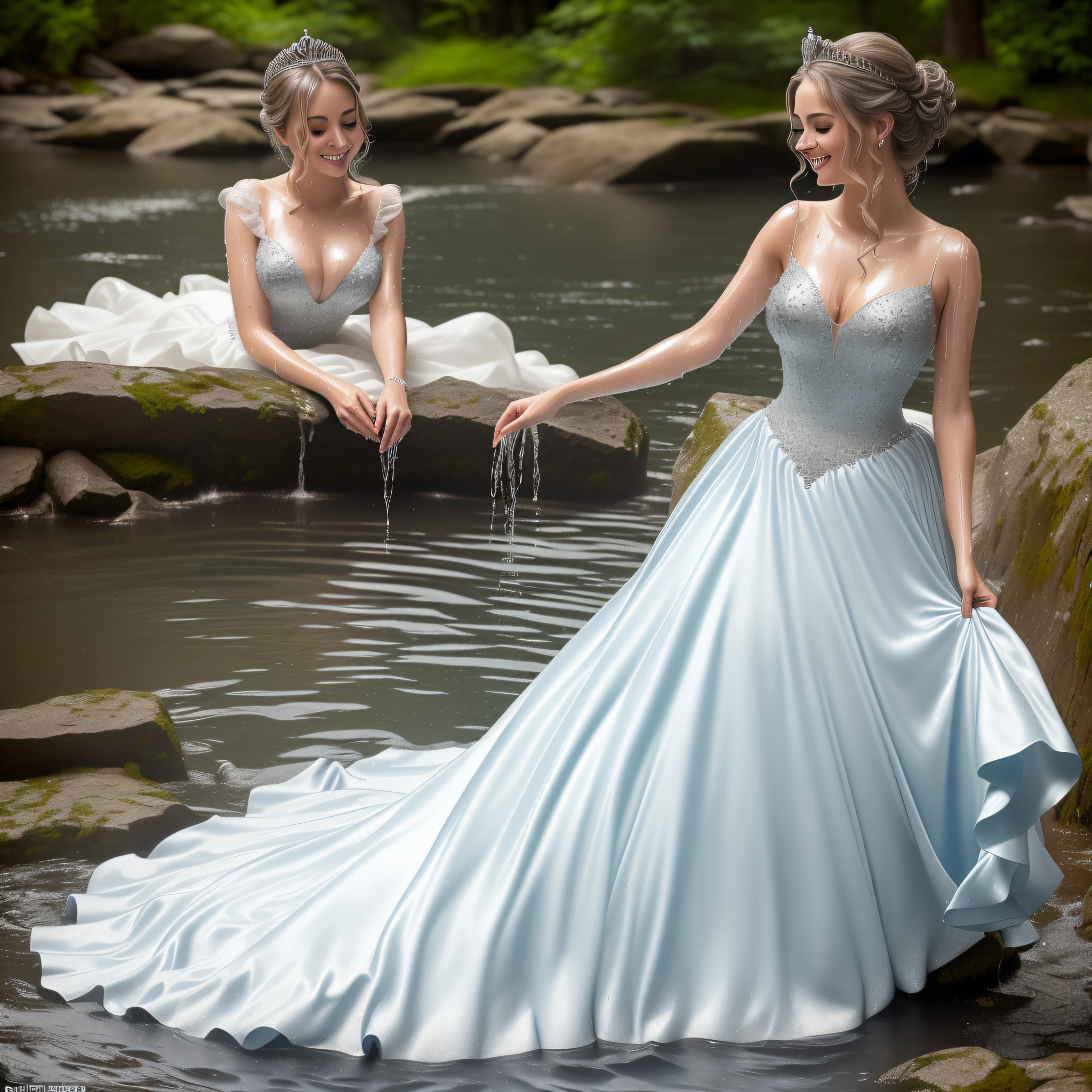 (wet hair 0.9) Cinderella eagerly put on the beautiful silver ballgown, slipped on the delicate, long, white gloves and the shimmering silver stilettos, and placed the sparkling tiara atop her immaculate updo. She also adorned herself with the beautiful jewelry. Once she was fully dressed, Cinderella took a deep breath and dove into the lake with abandon. She splashed around in the water, feeling it spray against her skin and soak into her gown. Now completely drenched, her gown stained and ruined, Cinderella lay back in the water, a happy smile on her face. (((drenched))) (((soaked))) (((dishevelled))) (((clinging)))