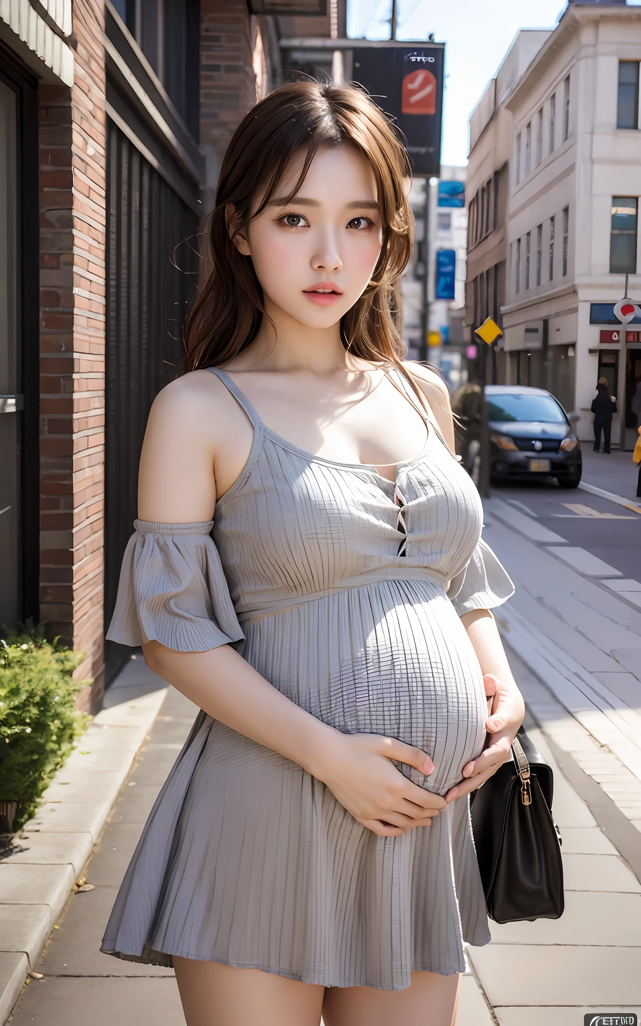 Highly detailed CG Unity 8k wallpaper, top quality, super detailed, masterpiece, realistic, photo realistic, very detailed cute girl, 25 years old, round eyes, viewer, semi body shot, put your hands on your stomach, pregnant woman, casual dress , standing , street
