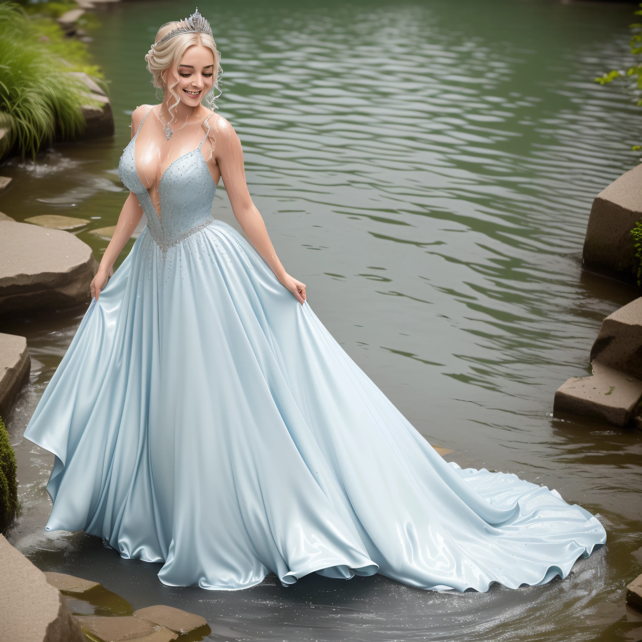 (wet hair 0.9) Cinderella eagerly put on the beautiful silver ballgown, slipped on the delicate, long, white gloves and the shimmering silver stilettos, and placed the sparkling tiara atop her immaculate updo. She also adorned herself with the beautiful jewelry. Once she was fully dressed, Cinderella took a deep breath and dove into the lake with abandon. She splashed around in the water, feeling it spray against her skin and soak into her gown. Now completely drenched, her gown stained and ruined, Cinderella lay back in the water, a happy smile on her face. (((drenched))) (((soaked))) (((dishevelled))) (((clinging)))