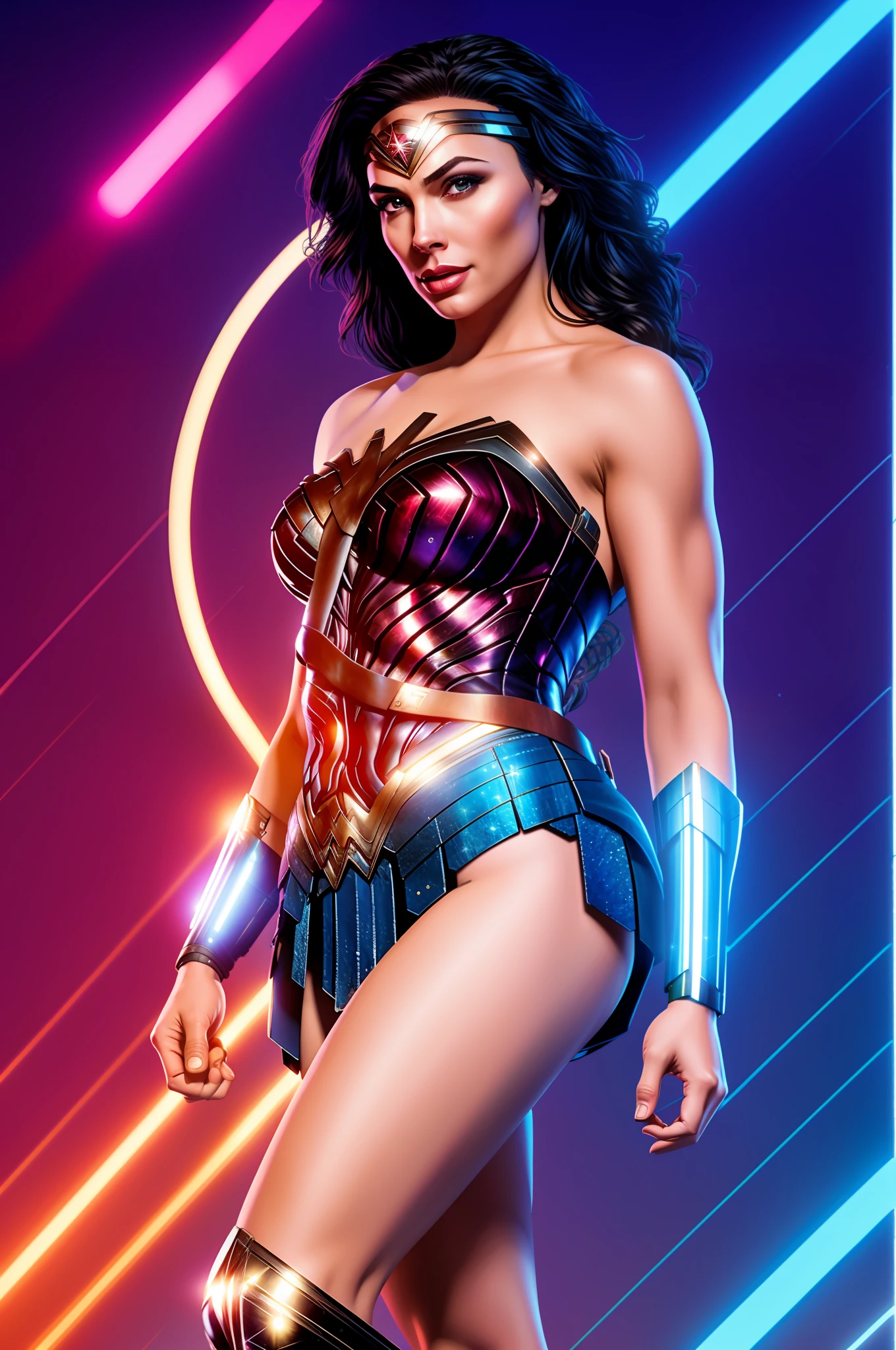 wonder woman, beautiful, cyberpunk, 8k, highly detailed, sci-fi, vaporwave.