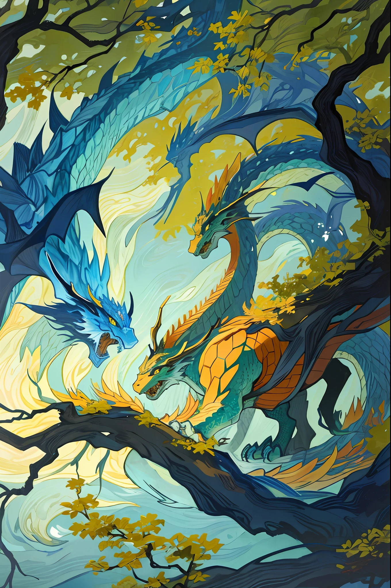 Create images in the style of traditional Japanese painting. The scene depicts a dramatic dragon coiled around a tree in a dense forest. The dragon's scales are blue-orange, and the dragon wearing mecha mechanics glistens in the sunlight passing through the trees. The forest is colorful and the green and yellow foliage is vibrant. The dragon's expression is fierce and calm, conveying strength and wisdom. The image should have high resolution and high quality, with the dragon and tree clearly focused. The angle of the camera should be slightly lower than the faucet, giving a sense of its grandeur and size, and the light should be soft and diffuse, creating a mysterious and dreamy atmosphere.