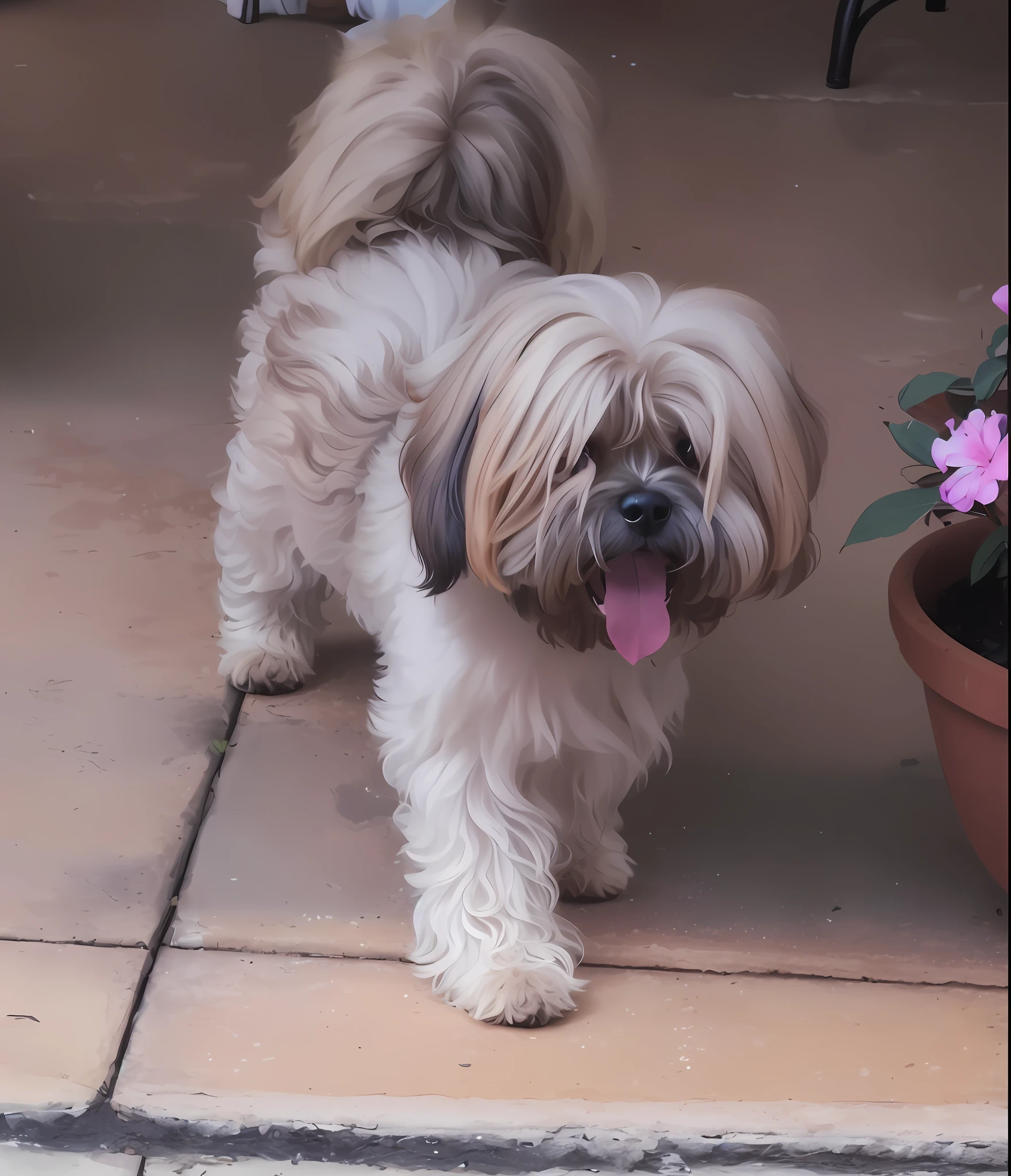 There is a small dog that is standing on the ground, Shih Tzu, Scruffy looking, an Afghan male type, a cute dog, Havanese, looking cool and elegant heckin, Shui Mo Hua, Shaggy, 2 , looks smart, very handsome, handsome, Winston, is a stunning, beautiful, digitally painted, extremely handsome dog, Bella, brown toy poodle, showing her face, Extending the tongue, highlighting your paw, 8K, professional photo, delicate, clear, in the house, sunlight, light leakage, masterpiece, (((cute)))), fashion teacup, (reality))))), mokomoko
