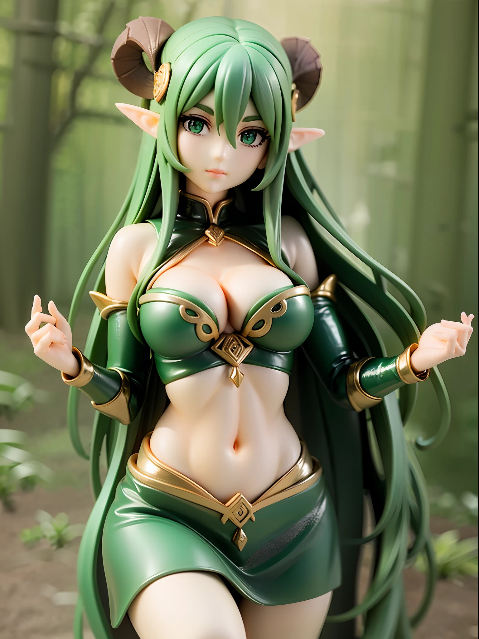 Emerald green, bronze, elf girl, mystical and serene face, beautiful green eyes, closed mouth, wearing nature made tribal attire, leaf and vine woven top, long cloth skirt, golden long straight hair, standing, gently touching leaf with hand, deep forest,