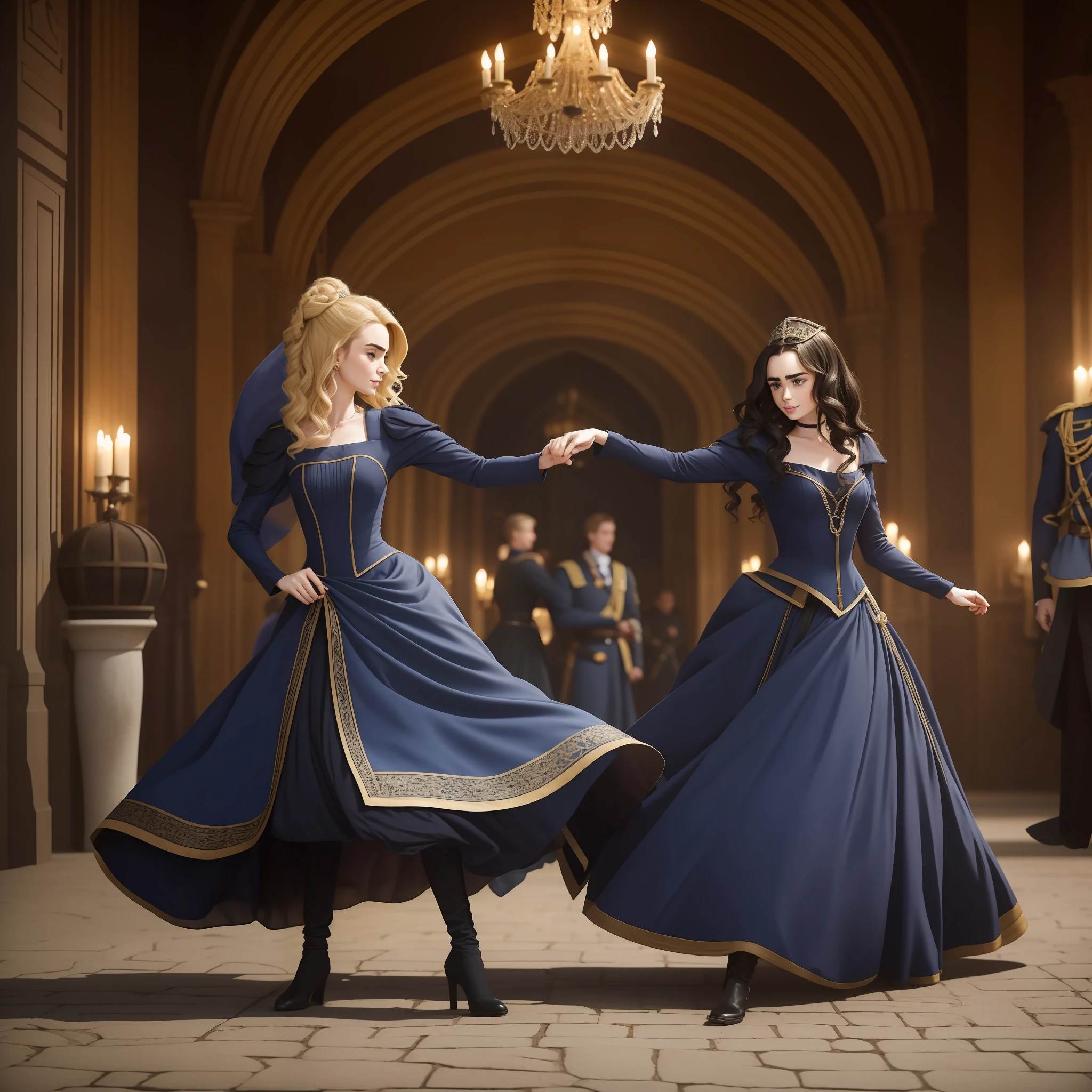 Lily Collins, who has curly black hair, wears a navy blue medieval dress. the Neels Visser wears a medieval military outfit and has blonde hair. The couple is waltzing in the ballroom filled with couples