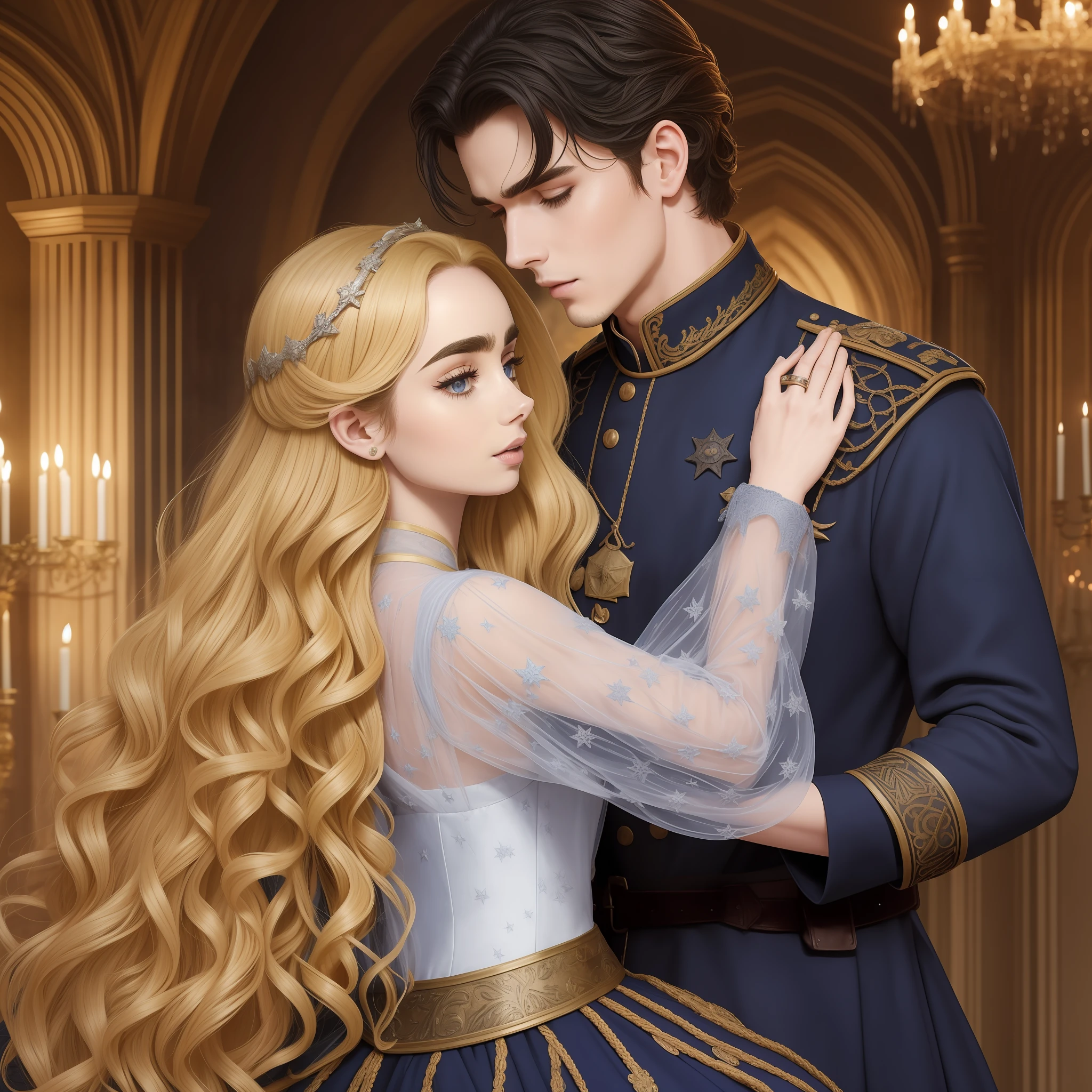 Lily Collins, who has curly black hair, wears a navy blue medieval dress. the Neels Visser wears a medieval military outfit and has blonde hair. The couple is waltzing in the ballroom filled with couples