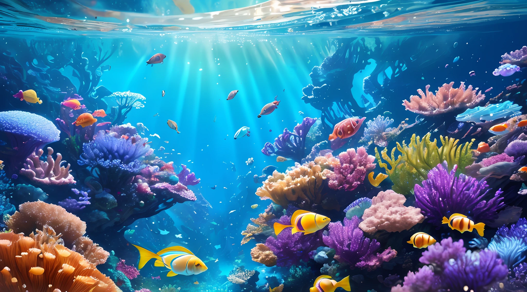 ((perspective)) microscopic world, vista, underwater fantasy,((masterpiece)), best quality, high quality, ((extremely detailed CG unity 8k wallpaper)),(fantasy), complex background, underwater fantasy world, fish school, Glowing jellyfish, colorful, (abyss)), staggered stone platforms in the abyss, glowing undersea plants, 3D digital painting, award winning photography, bokeh, depth of field, HDR, chromatic aberration, photorealistic, extremely detailed, artstation Trends on CGsociety, Intricate, High Detail, dramatic, art by midjourney, --v 6