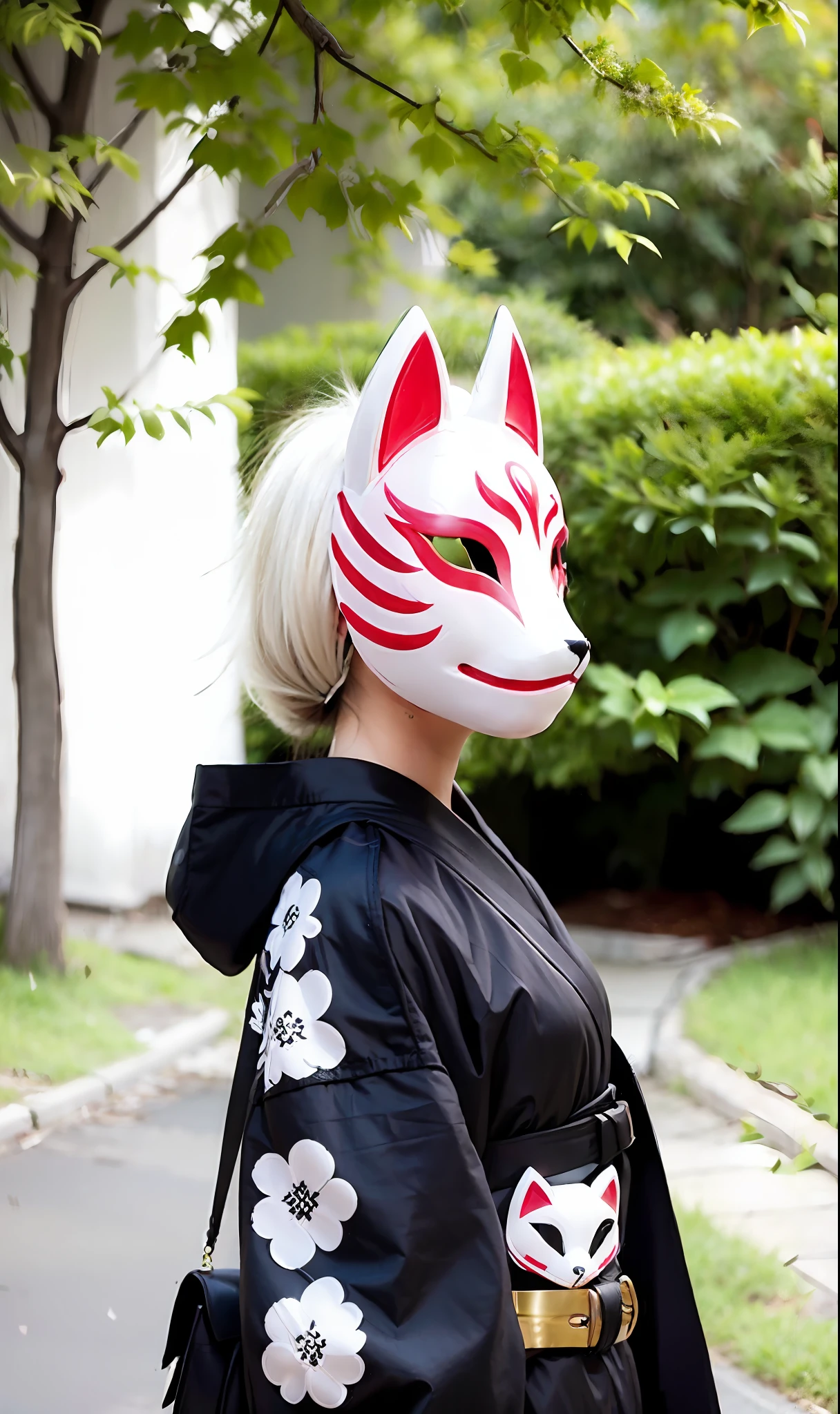 fox mask a person wearing a fox mask on the face, a woman, a white fox face, a jet black long coat, shorts, hair fluttering,