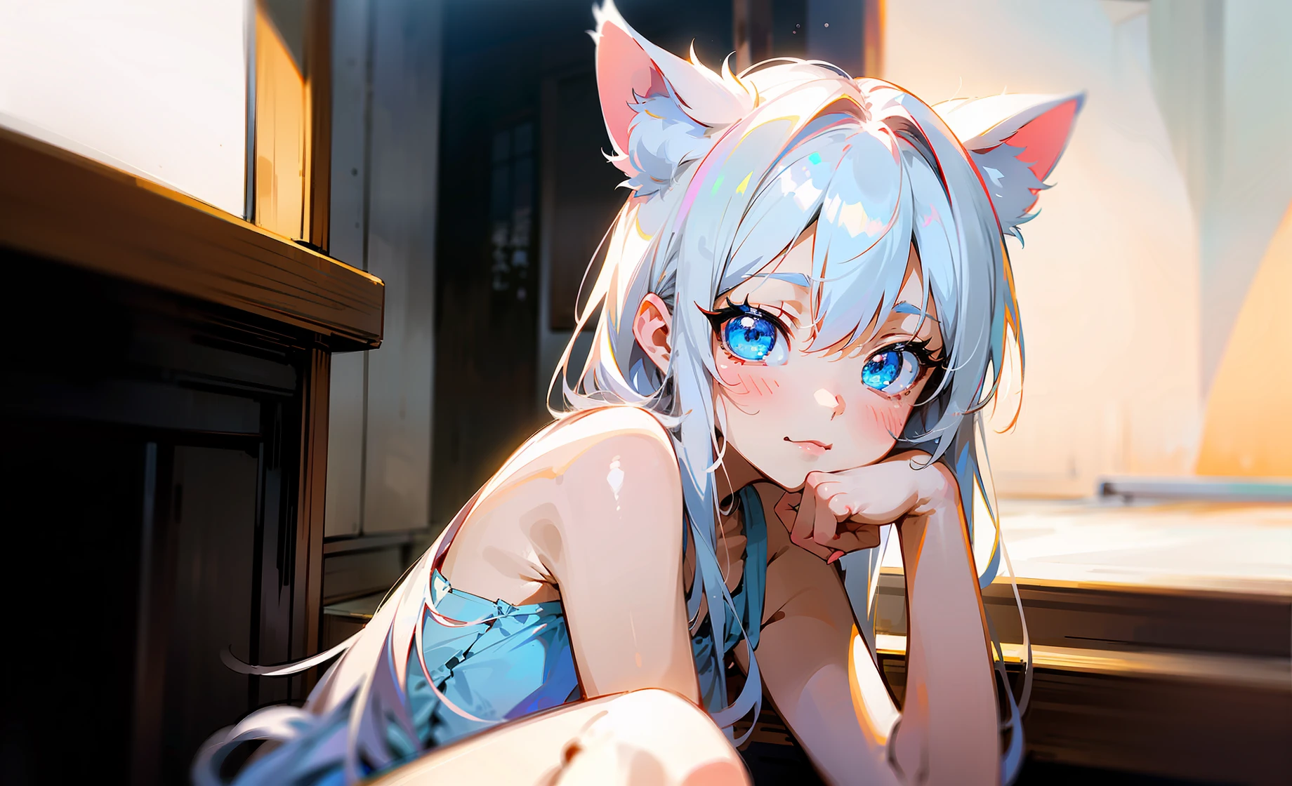 anime girl with white hair and blue eyes sitting on the floor, an anime drawing by Shitao, trending on pixiv, furry art, cute anime catgirl, anime visual of a cute girl, white cat girl, nyaruko-san, beautiful anime catgirl, cute anime girl, kawaii realistic portrait, very beautiful anime cat girl