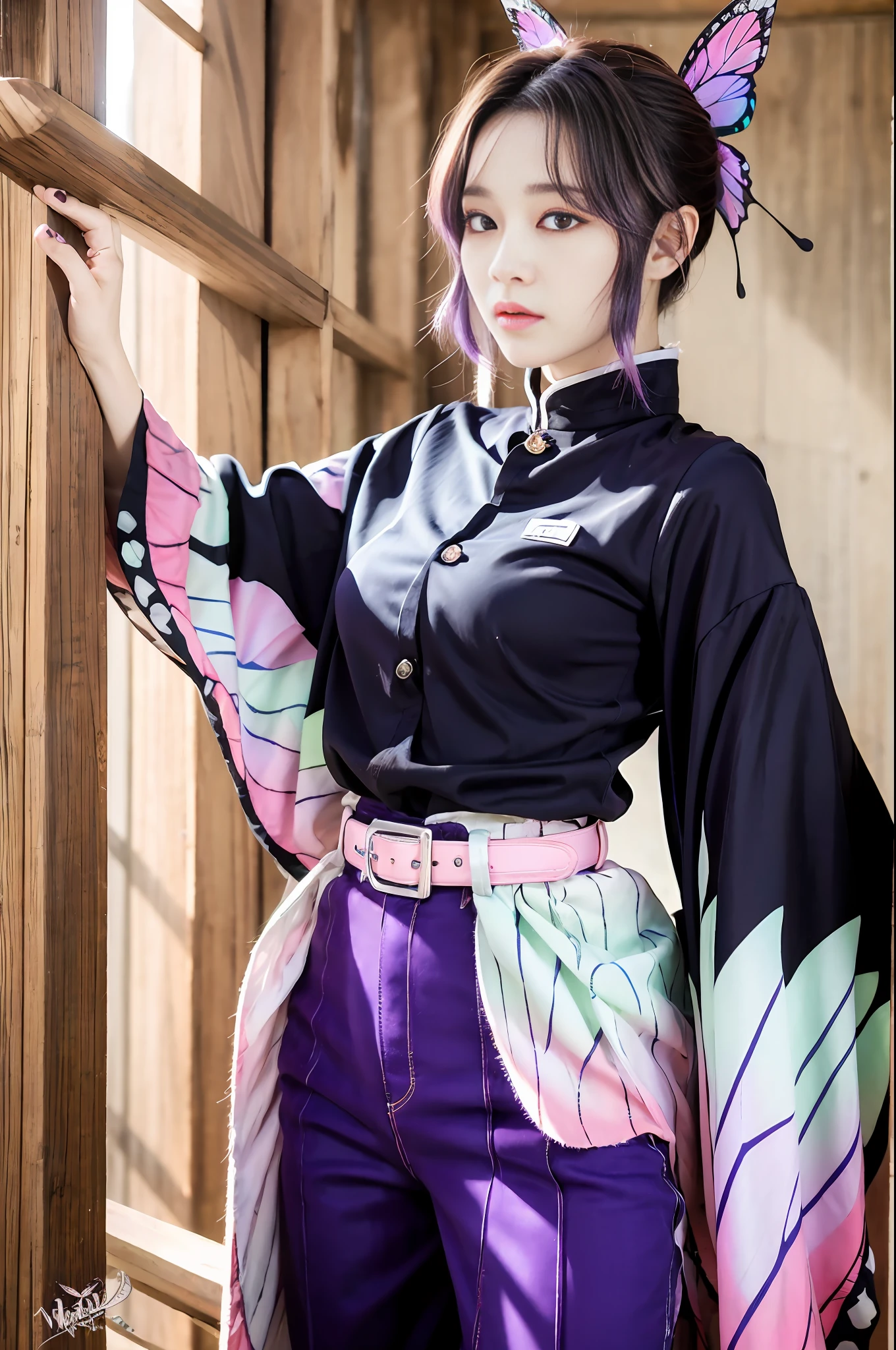 masterpiece, best quality, highres, 1girl, solo, kochou shinobu, butterfly hair ornament, purple eyes, multicolored hair, short hair, parted bangs, haori, wide sleeves, long sleeves, black pants, black jacket, belt, cowboy shot, holding weapon, sword