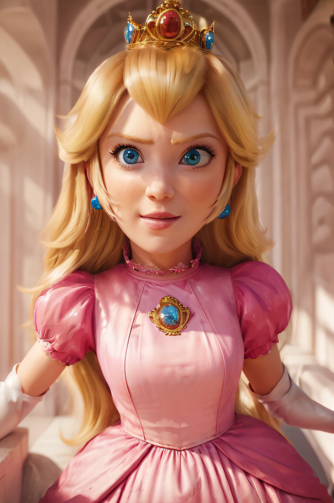 (masterpiece, best quality, highres:1.4), absurdres, 1girl,large breast, star eye, (princess peach), blush, (realistic:1.5), blue eyes, happy, BREAK, pink dress, cute girl,white arm glove, from above,
cowboy shot,perfect illumination, distinct, looking at viewer, sidelighting, perfect face, detailed face, bangs, perfect body, beautiful eyes, pretty face, bright skin, idol,
beautiful castle, beautiful city,