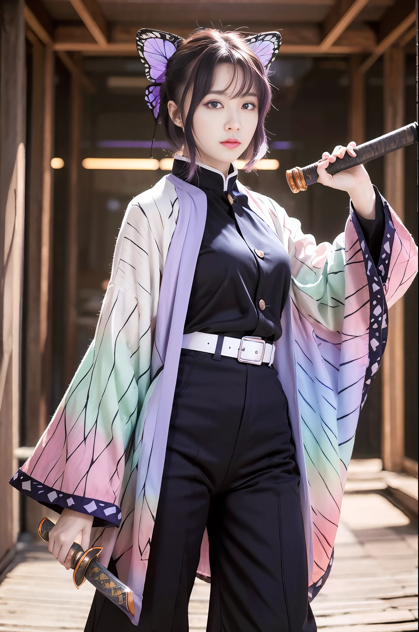 masterpiece, best quality, highres, 1girl, solo, kochou shinobu, butterfly hair ornament, purple eyes, multicolored hair, short hair, parted bangs, haori, wide sleeves, long sleeves, black pants, black jacket, belt, cowboy shot, holding weapon, sword