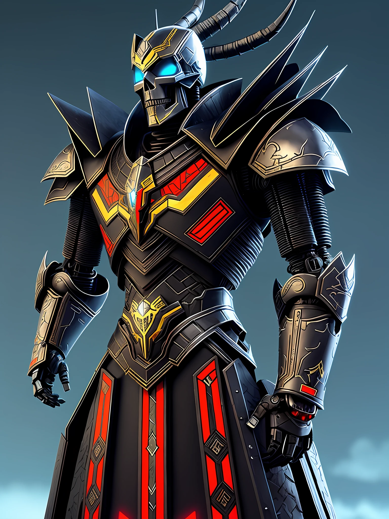 Robot with skull head. Black Power hair. Black dragon scale armor. RPG fantasy style.