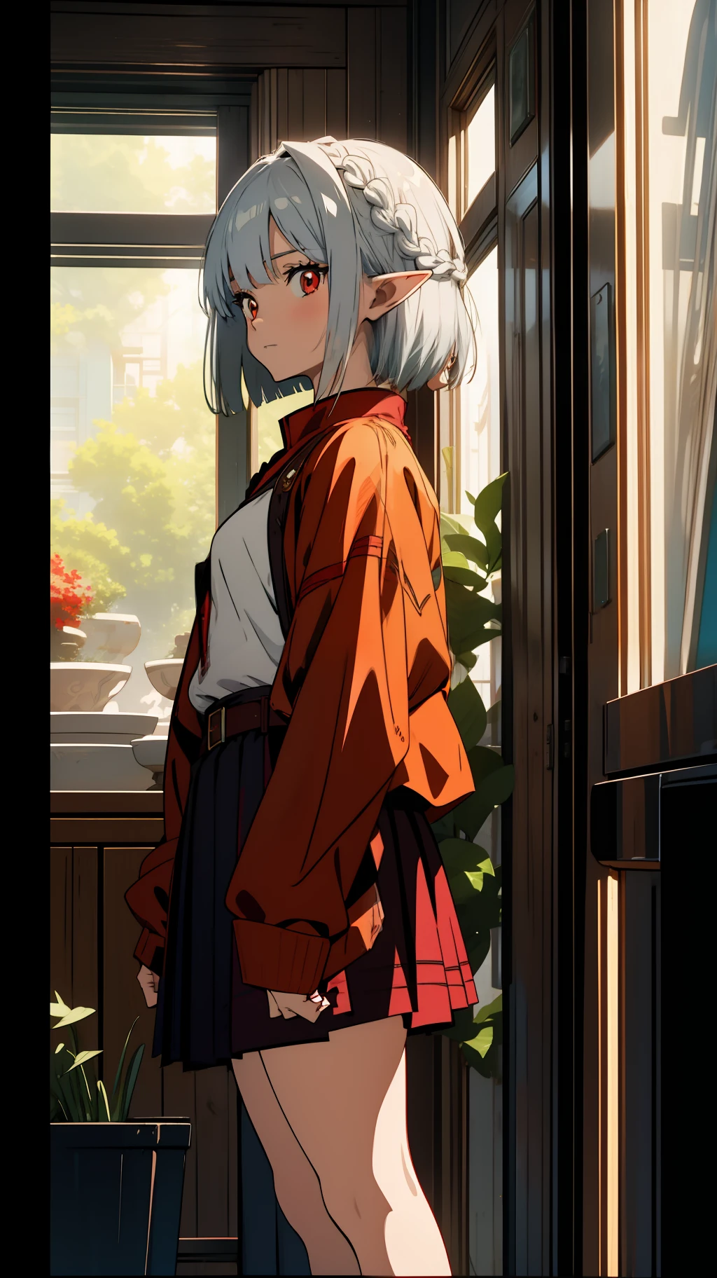 1 girl and dragon, dragon, elf, silver hair, bob cut, braid, red eyes, mini skirt, dragon charmer, concept art, beautiful anime scene, beautiful anime scenery, top rated on pixiv, highest quality, 4K