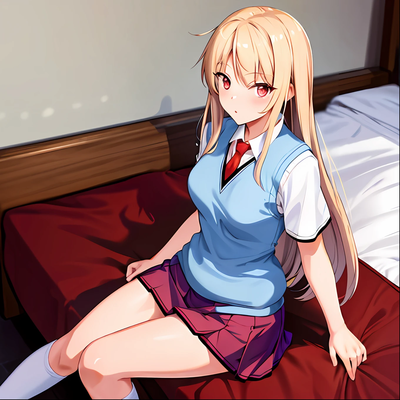 masterpiece, best quality, highres, mashi1, solo, school uniform, red tie, pleated skirt, shirt, white socks, short sleeves, sweater vest, breasts, cowboy shot, flushed, sitting on knees, in bed