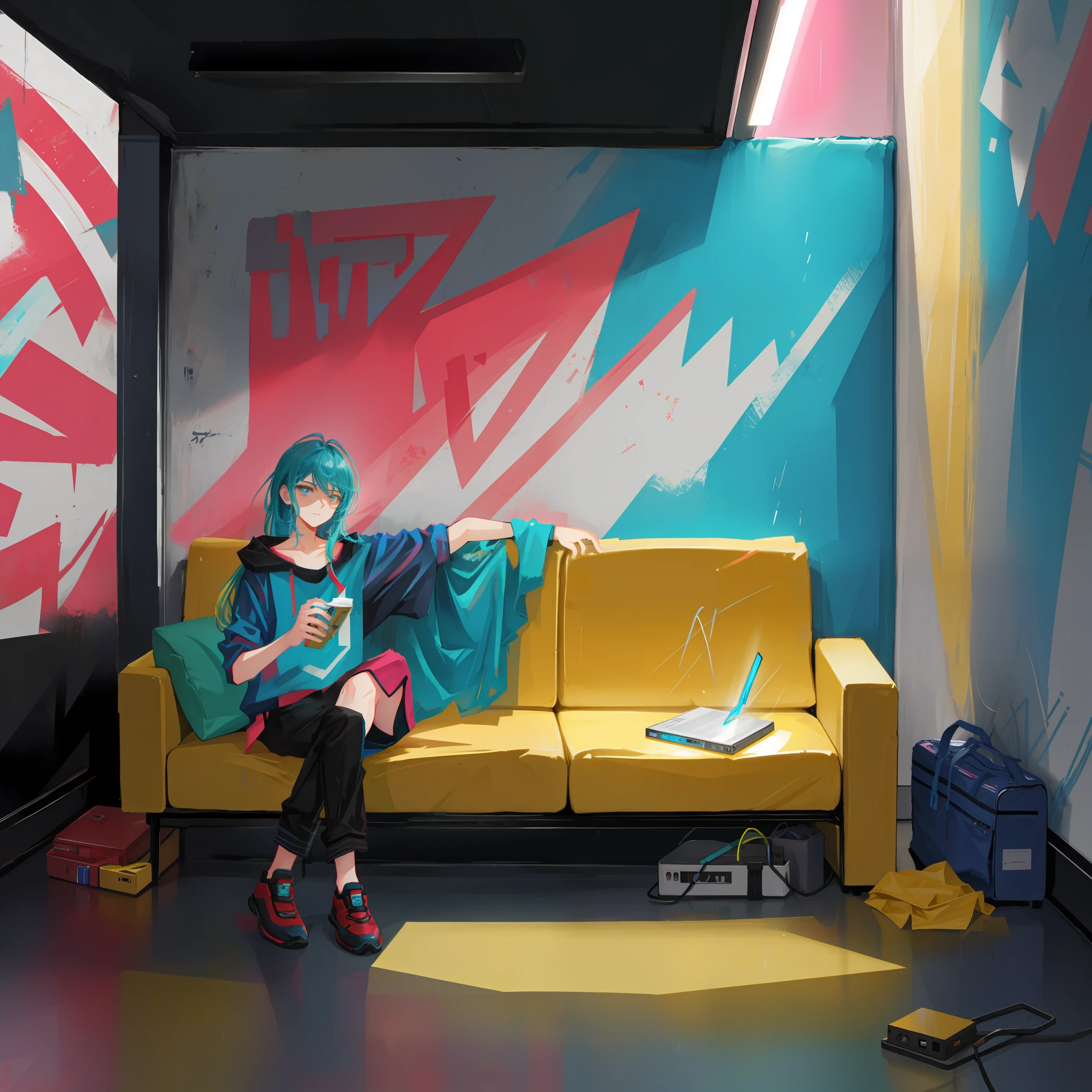 a couch, a graffiti on the wall, smoke, style, neon light, raining, things flying, ART, Photography, 50mm, ultrarealistic, 8k,