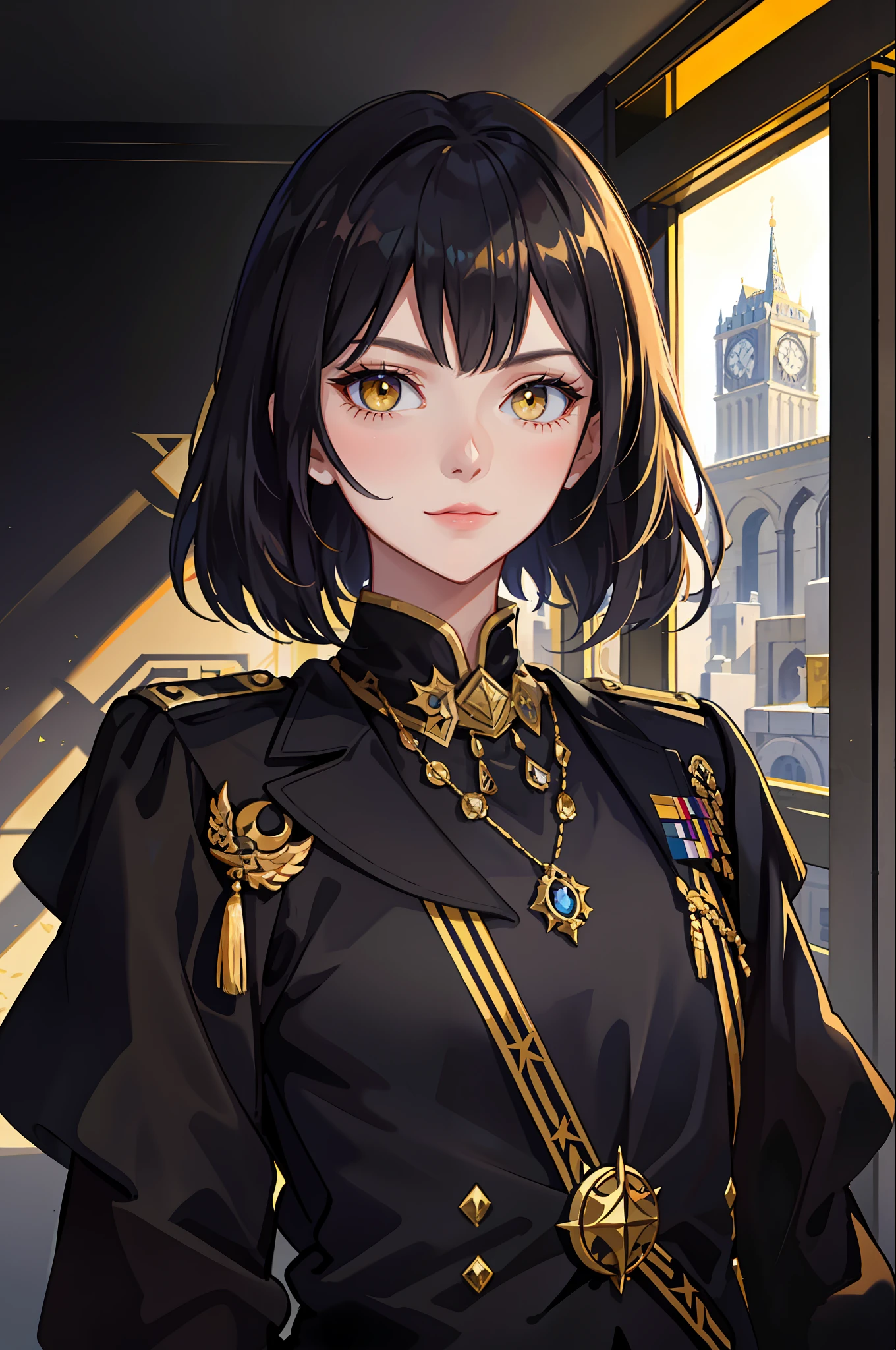 Portrait of a beautiful young woman, villain, yellow eyes, black short hair, square, black general's uniform, empire