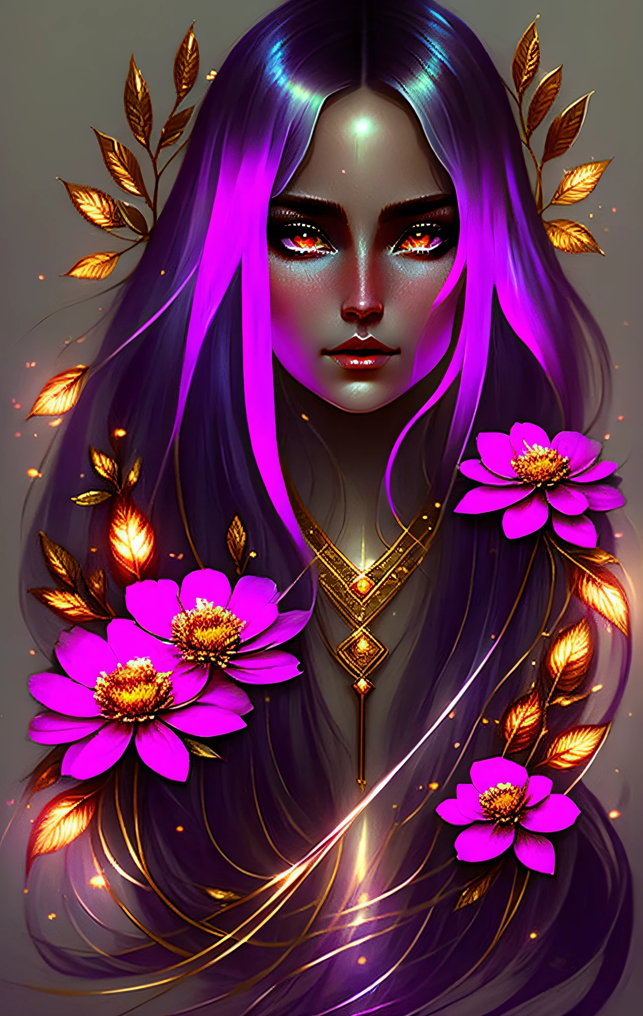 (symmetry: 1.1) (floral portrait: 1.05) a woman like a FOREST FAIRY, (assassins creed style: 0.8), pink and gold and opal color scheme, beautiful and intricate filegrid face painting, intricate, elegant, highly detailed , digital painting, arts station, concept art, soft, sharp focus, illustration, art by greg rutkowski and alphonse mucha, 8k