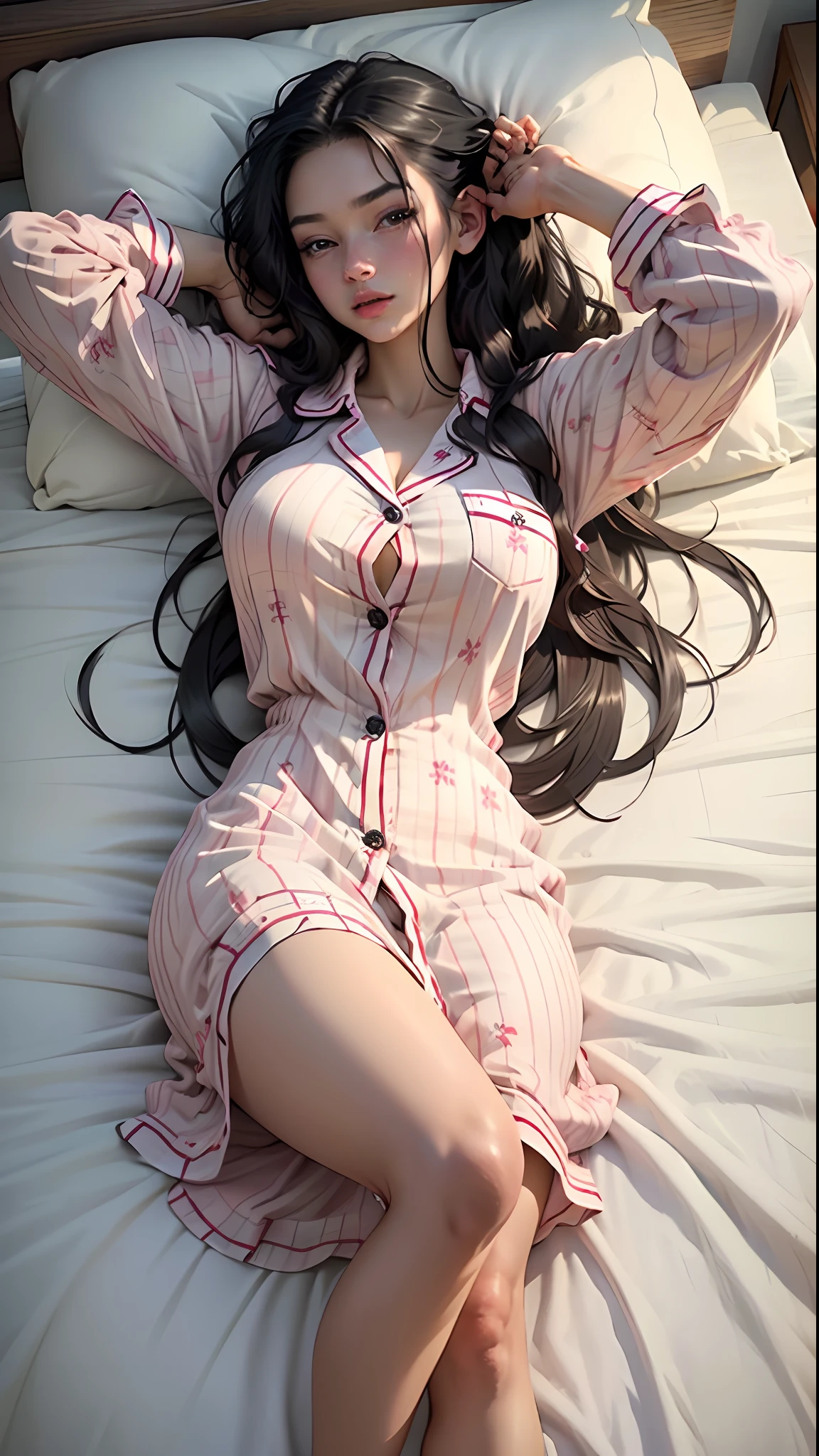 4k, realistic, charismatic, very detailed, there is a girl(19 years old, long black hair with white tips, big breasts) in bed, wearing American pajamas (American button pajama dress, button-down sleeping dress),pink theme, full body, lying in bed